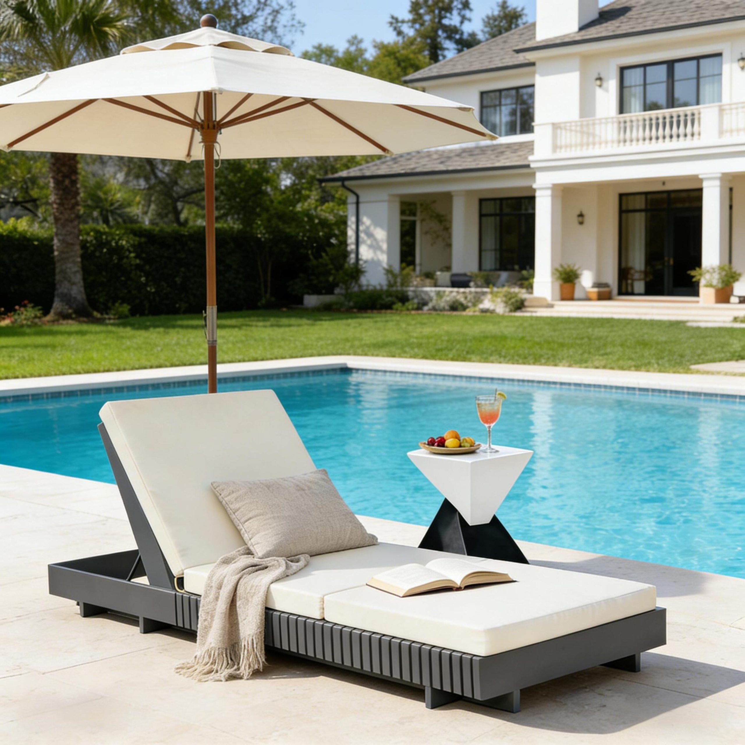 Dark Grey Acacia Solid Wood Outdoor Chaise Lounge with Cream 3-Fold Water-Repellent Cushion, 400lbs Capacity, Modern Patio Sun Lounger for Garden, Poolside - Image 4