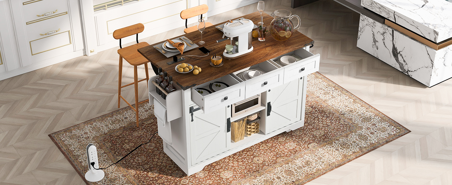 K&K 53.7" Farmhouse Kitchen Island with Power Outlet, 2 Sliding Barn Door Kitchen Storage Island with Drop Leaf, Spice Rack Rolling Kitchen Cart on Wheels, for Home, Kitchen and Dining Room, White - Image 2