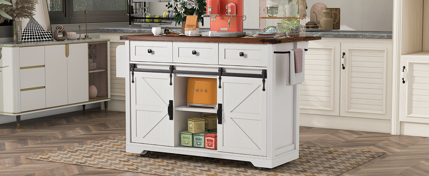 K&K 53.7" Farmhouse Kitchen Island with Power Outlet, 2 Sliding Barn Door Kitchen Storage Island with Drop Leaf, Spice Rack Rolling Kitchen Cart on Wheels, for Home, Kitchen and Dining Room, White - Image 3