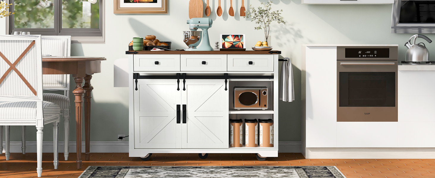 K&K 53.7" Farmhouse Kitchen Island with Power Outlet, 2 Sliding Barn Door Kitchen Storage Island with Drop Leaf, Spice Rack Rolling Kitchen Cart on Wheels, for Home, Kitchen and Dining Room, White - Image 4