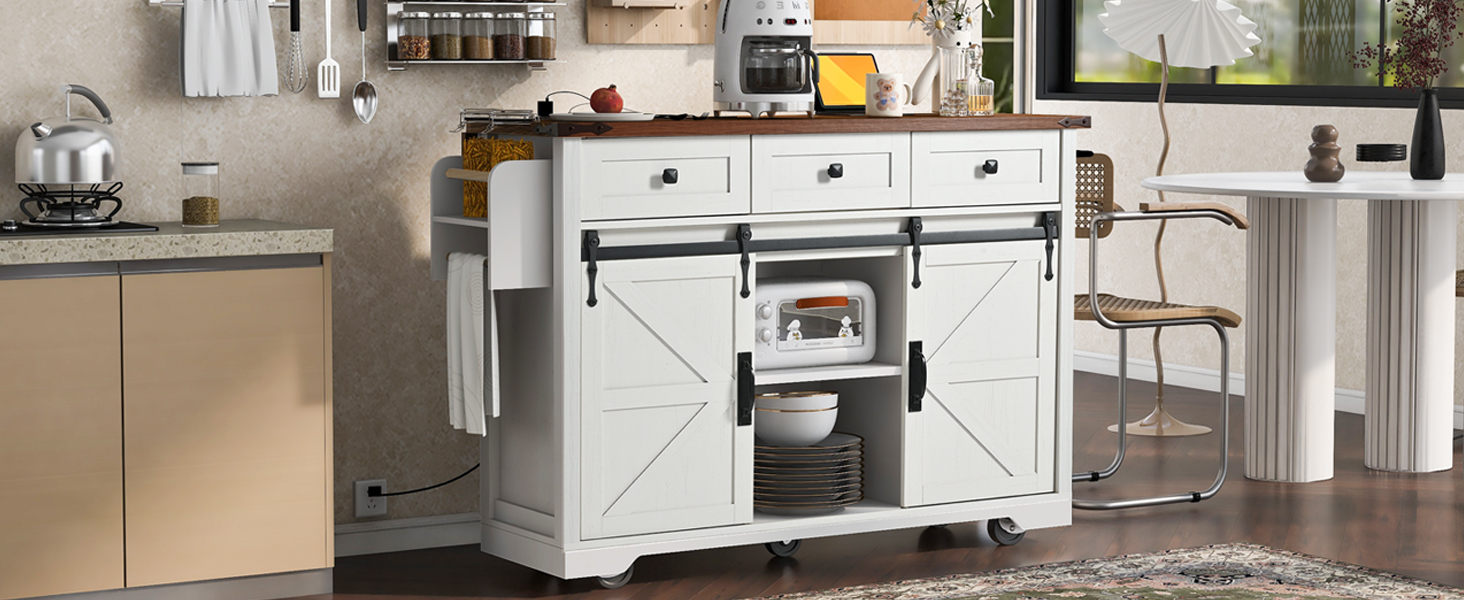 K&K 53.7" Farmhouse Kitchen Island with Power Outlet, 2 Sliding Barn Door Kitchen Storage Island with Drop Leaf, Spice Rack Rolling Kitchen Cart on Wheels, for Home, Kitchen and Dining Room, White - Image 5