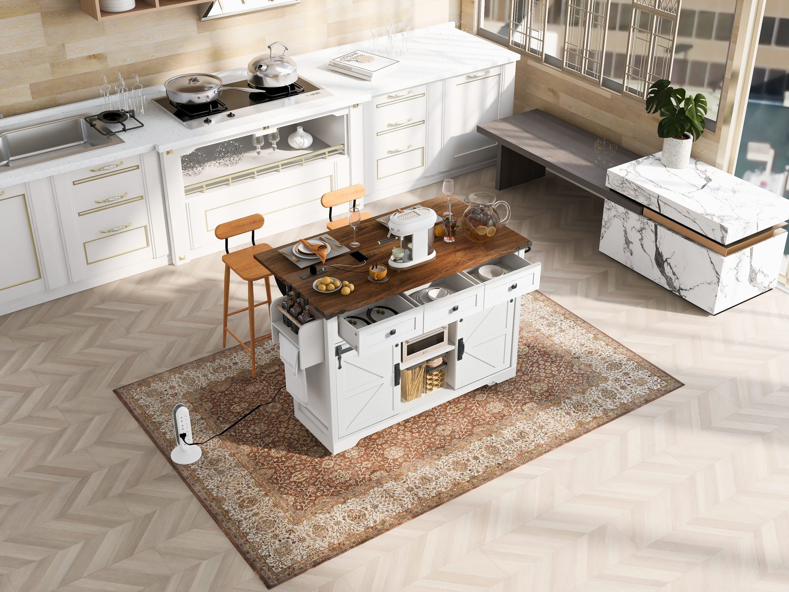 K&K 53.7" Farmhouse Kitchen Island with Power Outlet, 2 Sliding Barn Door Kitchen Storage Island with Drop Leaf, Spice Rack Rolling Kitchen Cart on Wheels, for Home, Kitchen and Dining Room, White - Image 6