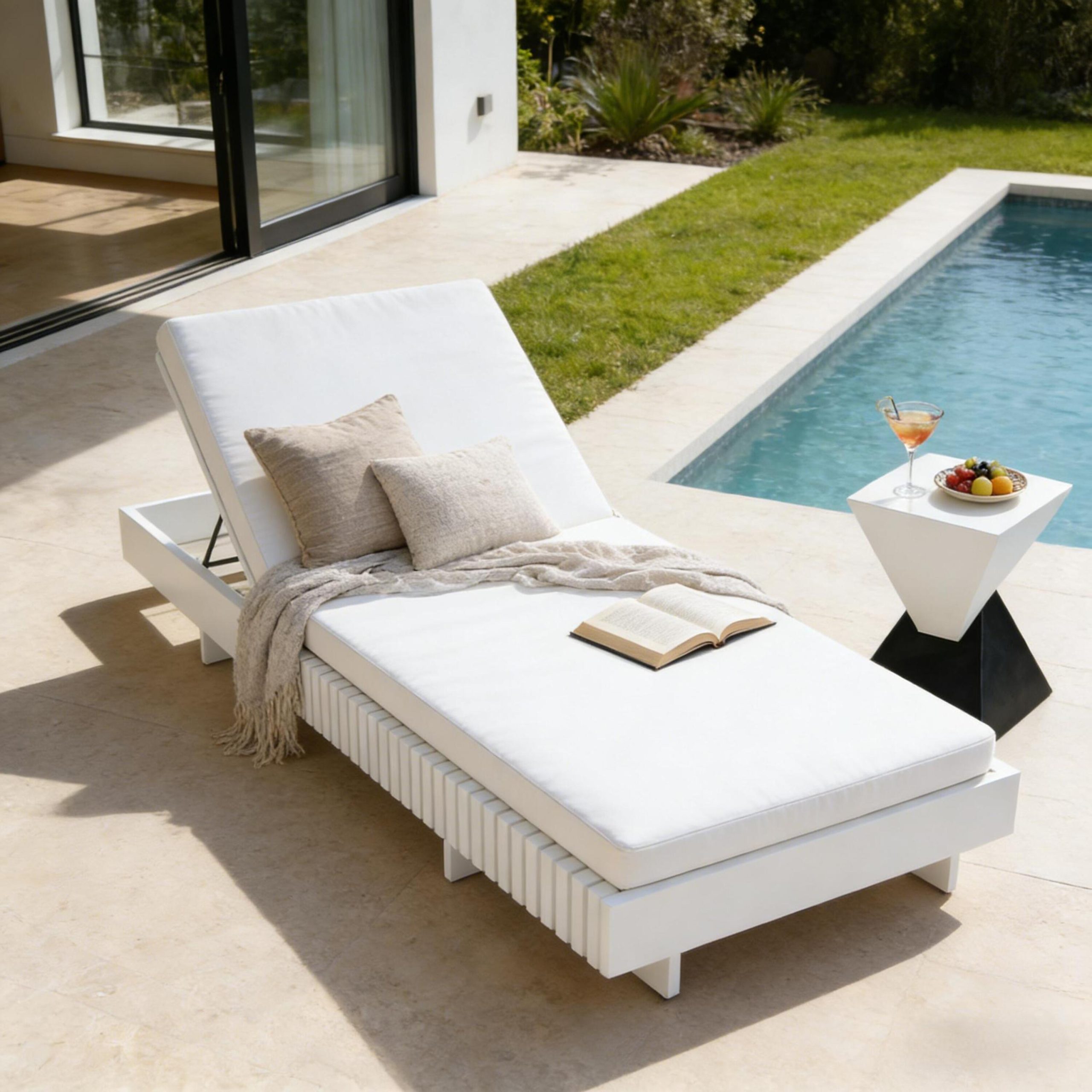 White Acacia Solid Wood Outdoor Chaise Lounge with Cream Water Repellent Cushion,400lbs Capacity, Modern Patio Sun Lounger for Garden,Poolside - Image 4
