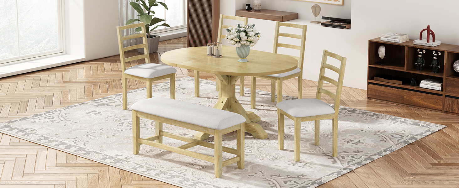 TOPMAX Farmhouse 6-Piece 60inch Extendable Pedestal Dining Table Set with 18inch Removable Leaf, 44inch Bench and 4 Ladder Back Dining Chairs, Natural+Beige(OLD SKU:SP000060AAA) - Image 2