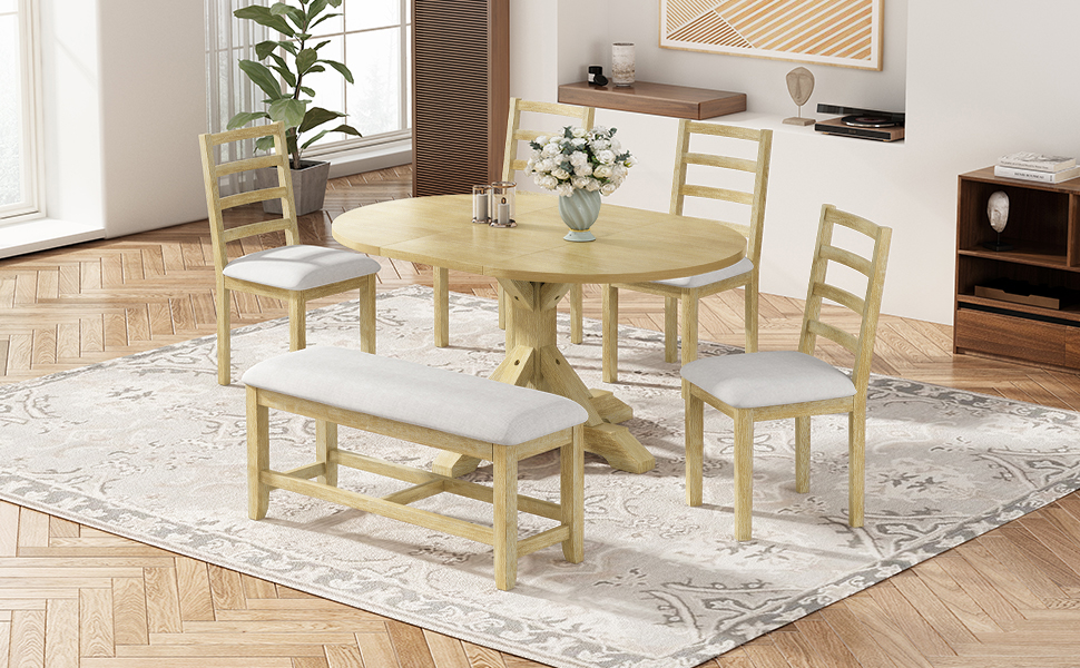 TOPMAX Farmhouse 6-Piece 60inch Extendable Pedestal Dining Table Set with 18inch Removable Leaf, 44inch Bench and 4 Ladder Back Dining Chairs, Natural+Beige(OLD SKU:SP000060AAA) - Image 3