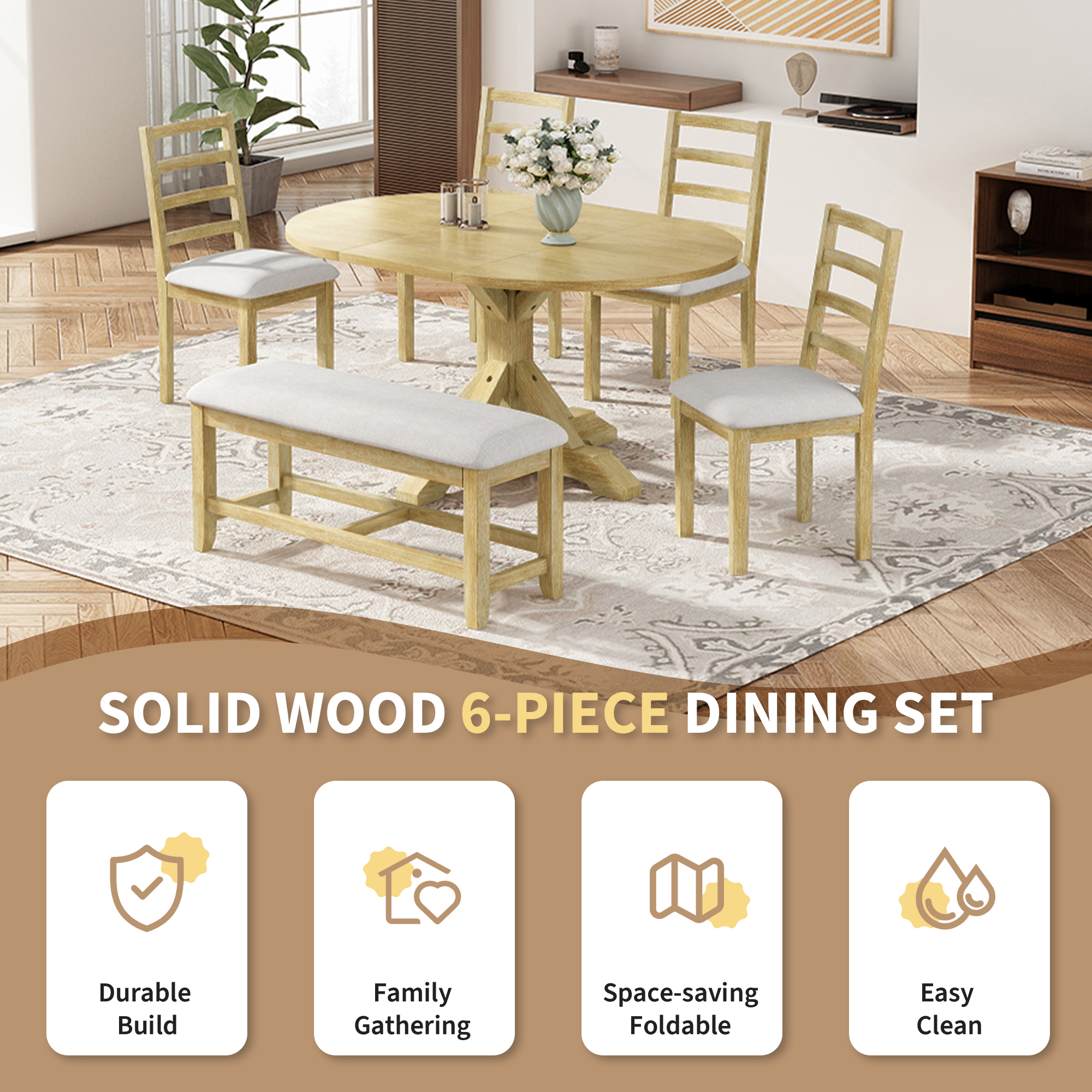 TOPMAX Farmhouse 6-Piece 60inch Extendable Pedestal Dining Table Set with 18inch Removable Leaf, 44inch Bench and 4 Ladder Back Dining Chairs, Natural+Beige(OLD SKU:SP000060AAA) - Image 4