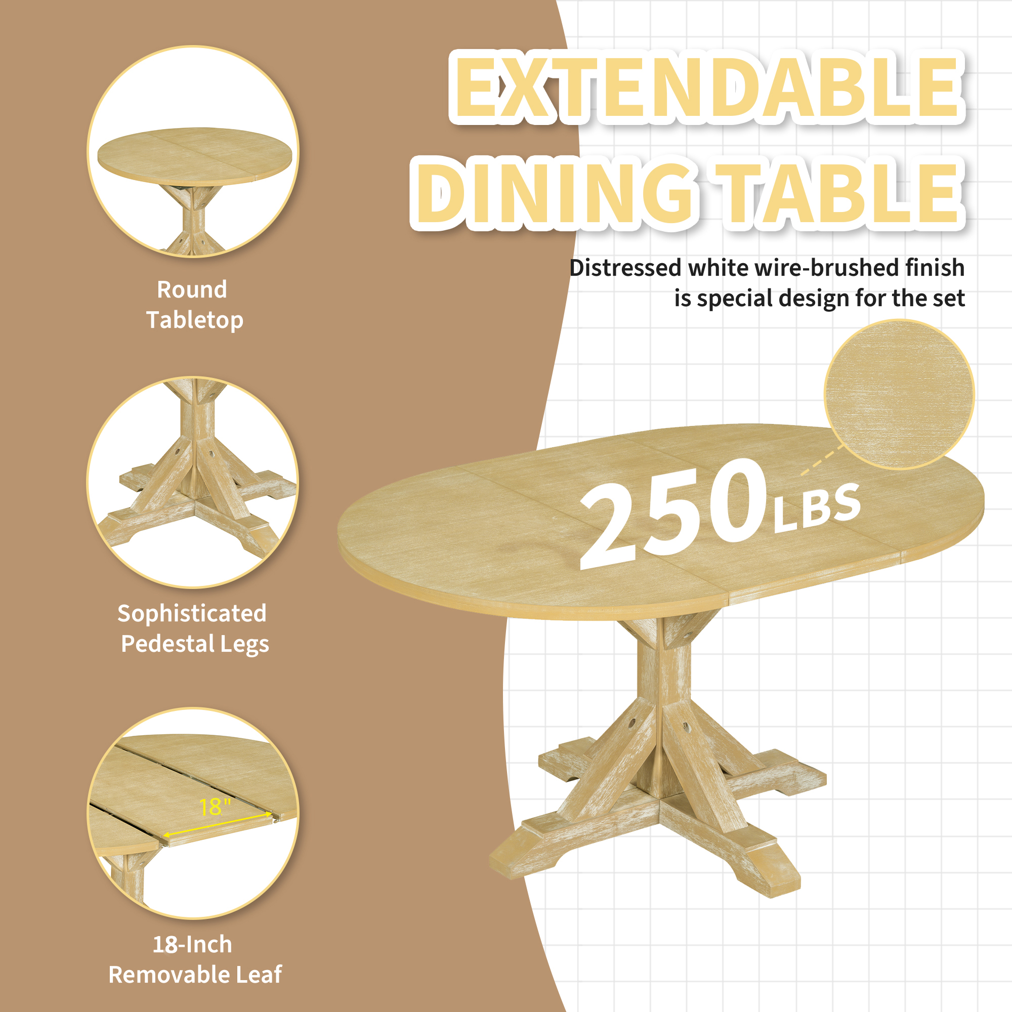 TOPMAX Farmhouse 6-Piece 60inch Extendable Pedestal Dining Table Set with 18inch Removable Leaf, 44inch Bench and 4 Ladder Back Dining Chairs, Natural+Beige(OLD SKU:SP000060AAA) - Image 5