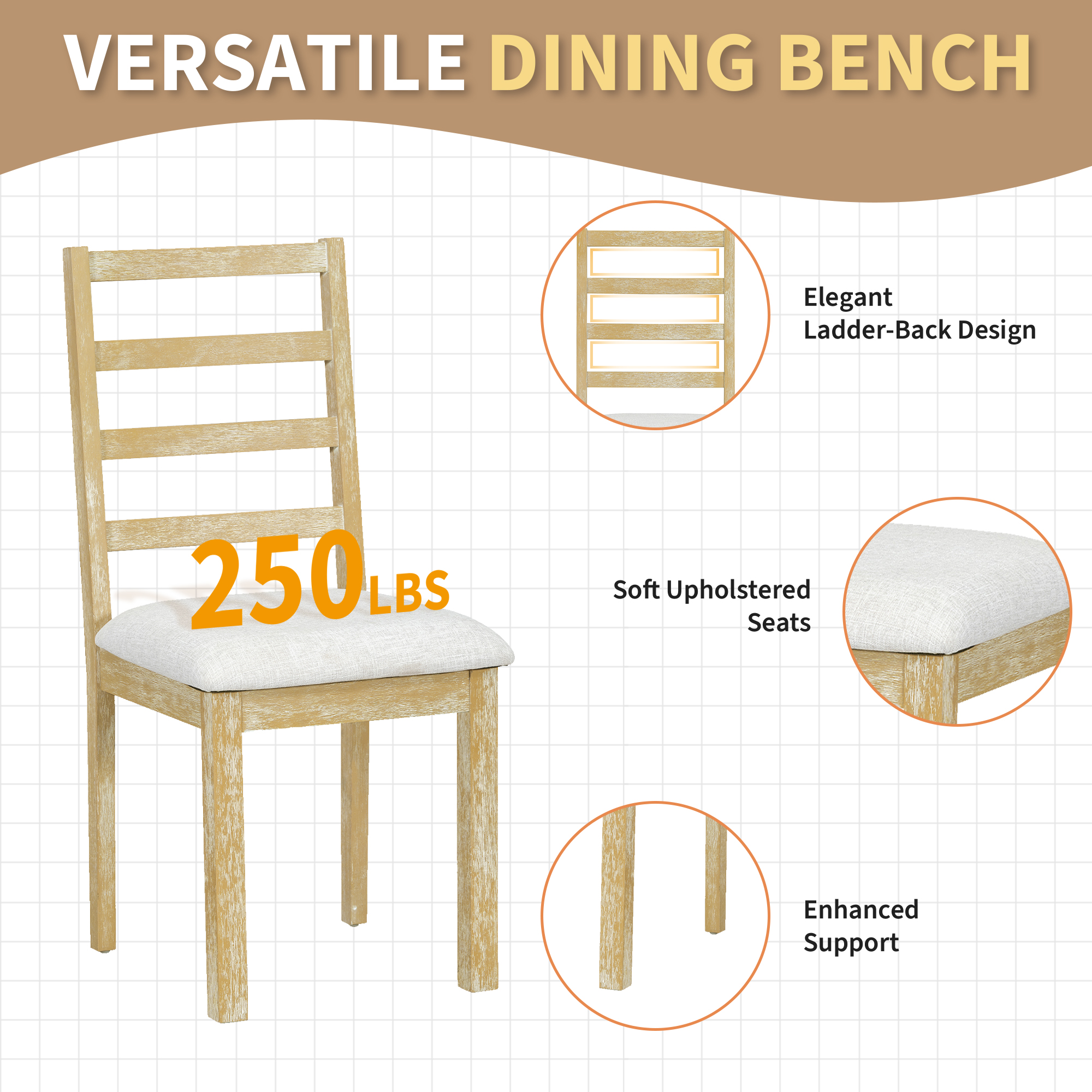 TOPMAX Farmhouse 6-Piece 60inch Extendable Pedestal Dining Table Set with 18inch Removable Leaf, 44inch Bench and 4 Ladder Back Dining Chairs, Natural+Beige(OLD SKU:SP000060AAA) - Image 6