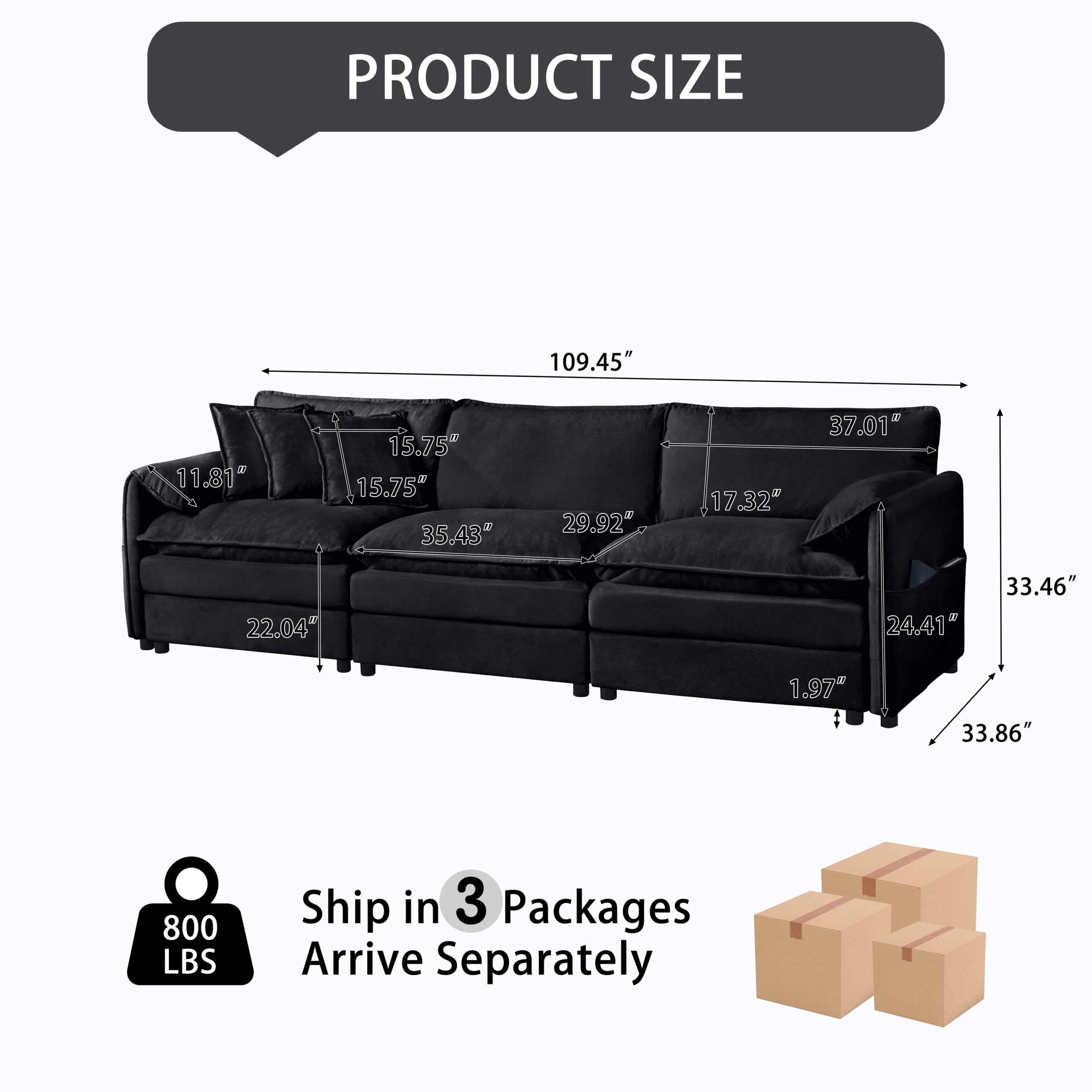 (Old:W3163S00018) Oversized Deep Seat Sectional Sofa, Modern Chenille Cloud Couch, Large 3 Seater Modular Sofa with 3 Pillows for Living Room Bedroom Apartment Office,DIY Combination,Chenille,Black - Image 2
