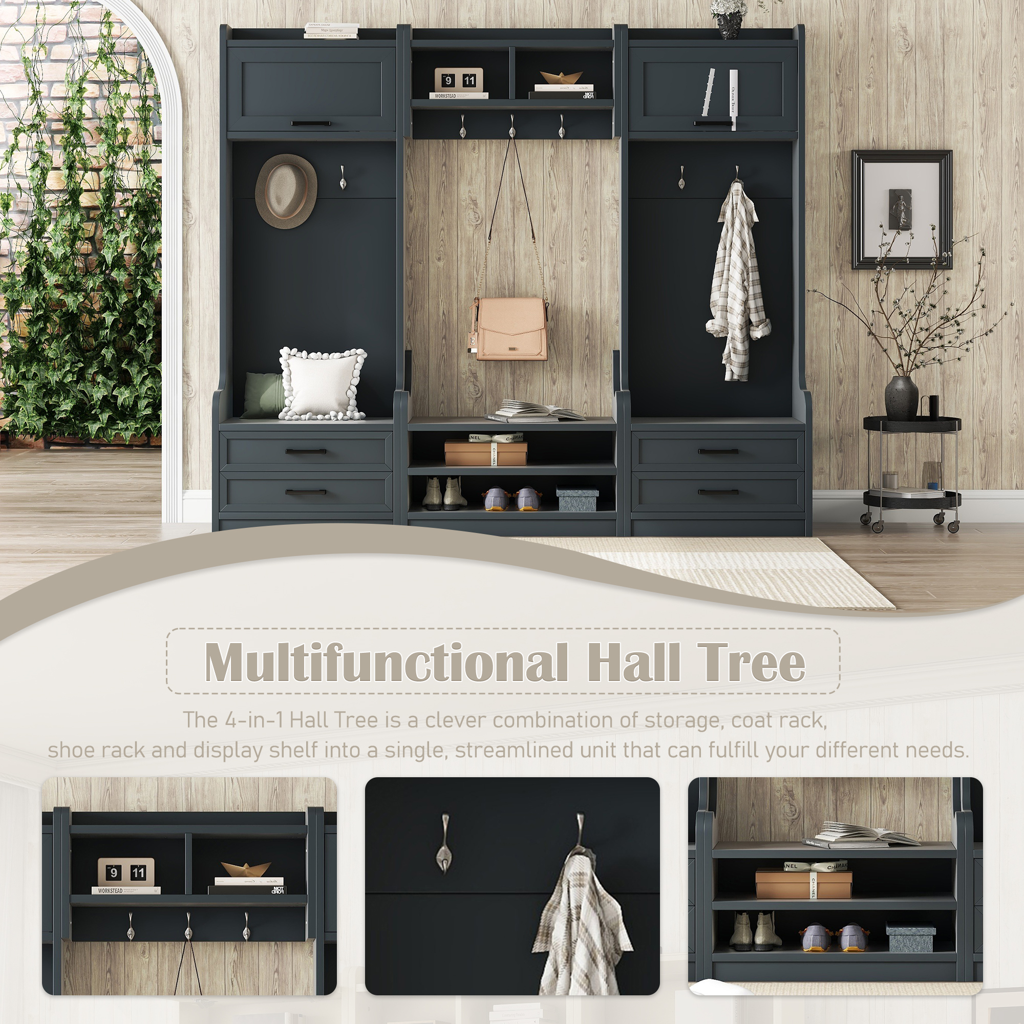 4-in-1 Detachable Hall Tree with Storage and 7 Hooks, Multiple Functions Hallway Coat Rack with Storage Drawers and Cabinet, Antique Blue Shoe Bench for Entryway Hallway - Image 3