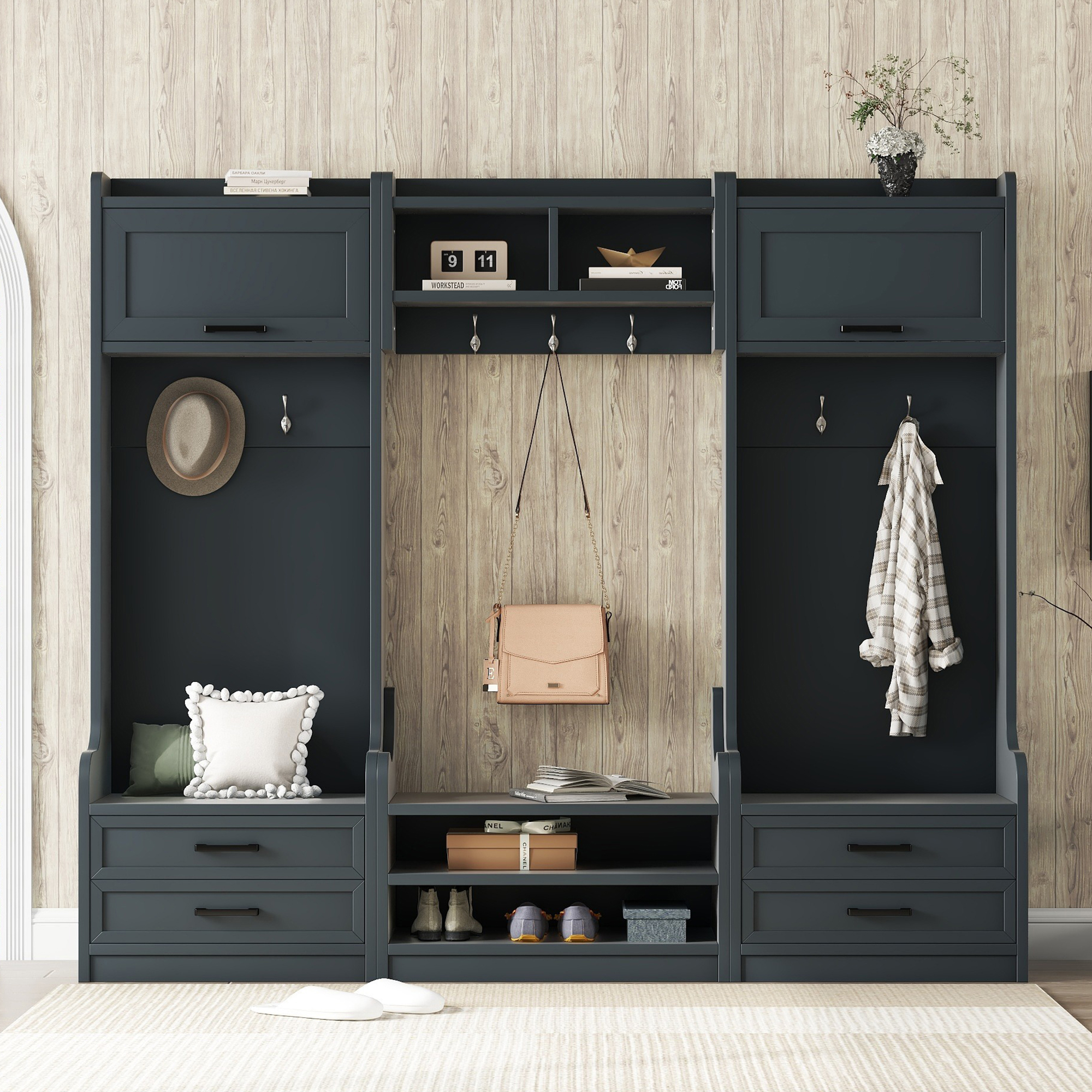 4-in-1 Detachable Hall Tree with Storage and 7 Hooks, Multiple Functions Hallway Coat Rack with Storage Drawers and Cabinet, Antique Blue Shoe Bench for Entryway Hallway - Image 2