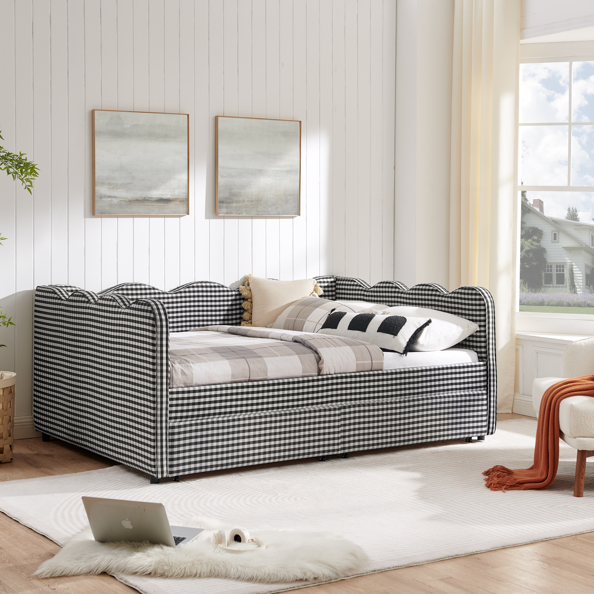 Full Size Cozy Gingham Daybed with Two Storage Drawers, with USB Port and Adorable Wave Shaped, Linen Fabric - Image 2