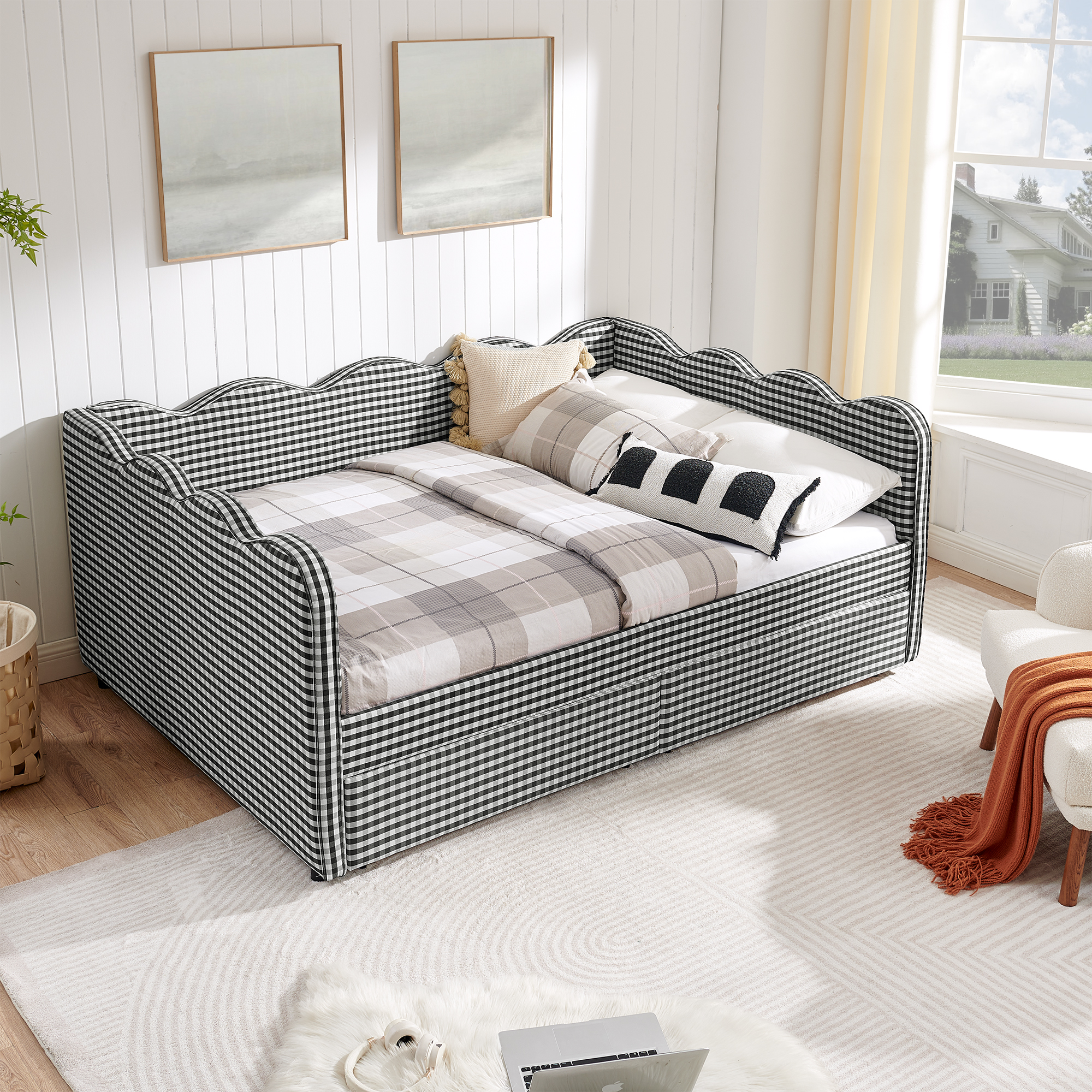 Full Size Cozy Gingham Daybed with Two Storage Drawers, with USB Port and Adorable Wave Shaped, Linen Fabric - Image 3