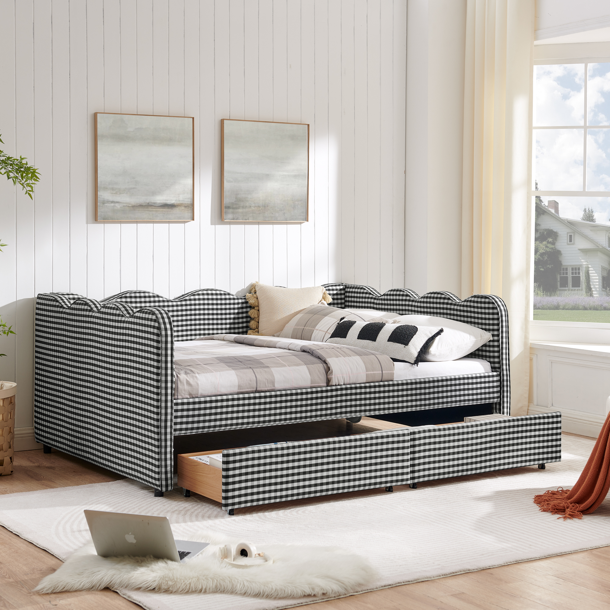 Full Size Cozy Gingham Daybed with Two Storage Drawers, with USB Port and Adorable Wave Shaped, Linen Fabric - Image 4