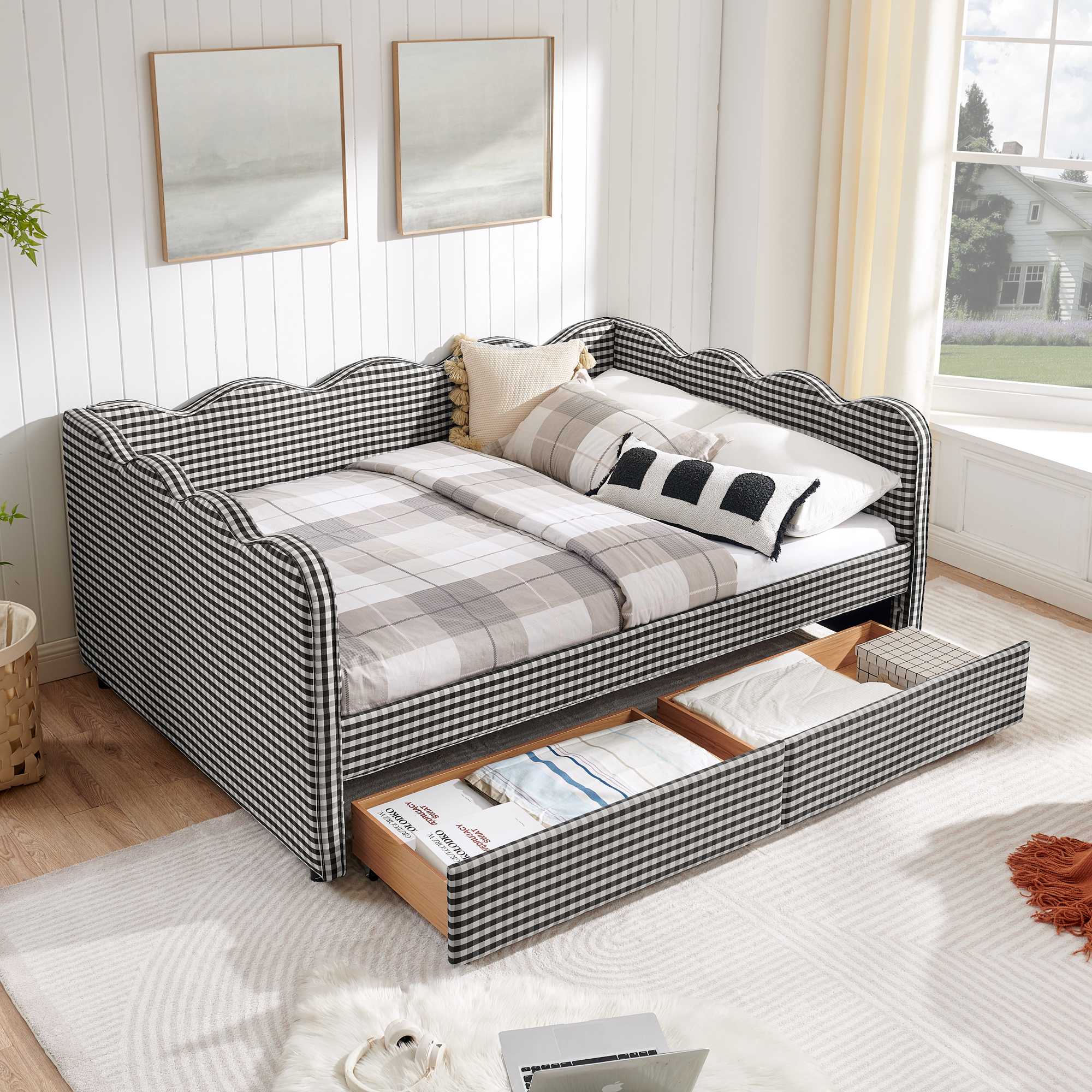 Full Size Cozy Gingham Daybed with Two Storage Drawers, with USB Port and Adorable Wave Shaped, Linen Fabric - Image 5