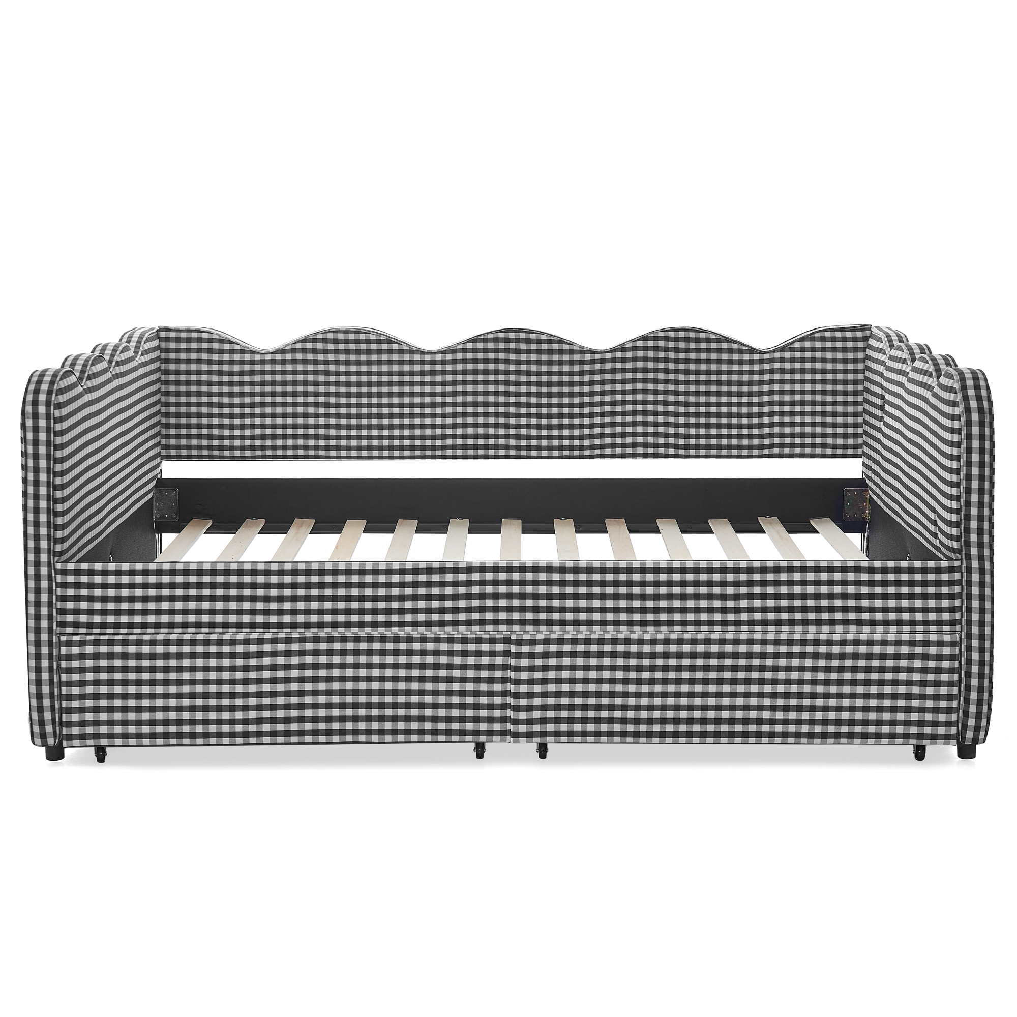 Full Size Cozy Gingham Daybed with Two Storage Drawers, with USB Port and Adorable Wave Shaped, Linen Fabric - Image 6