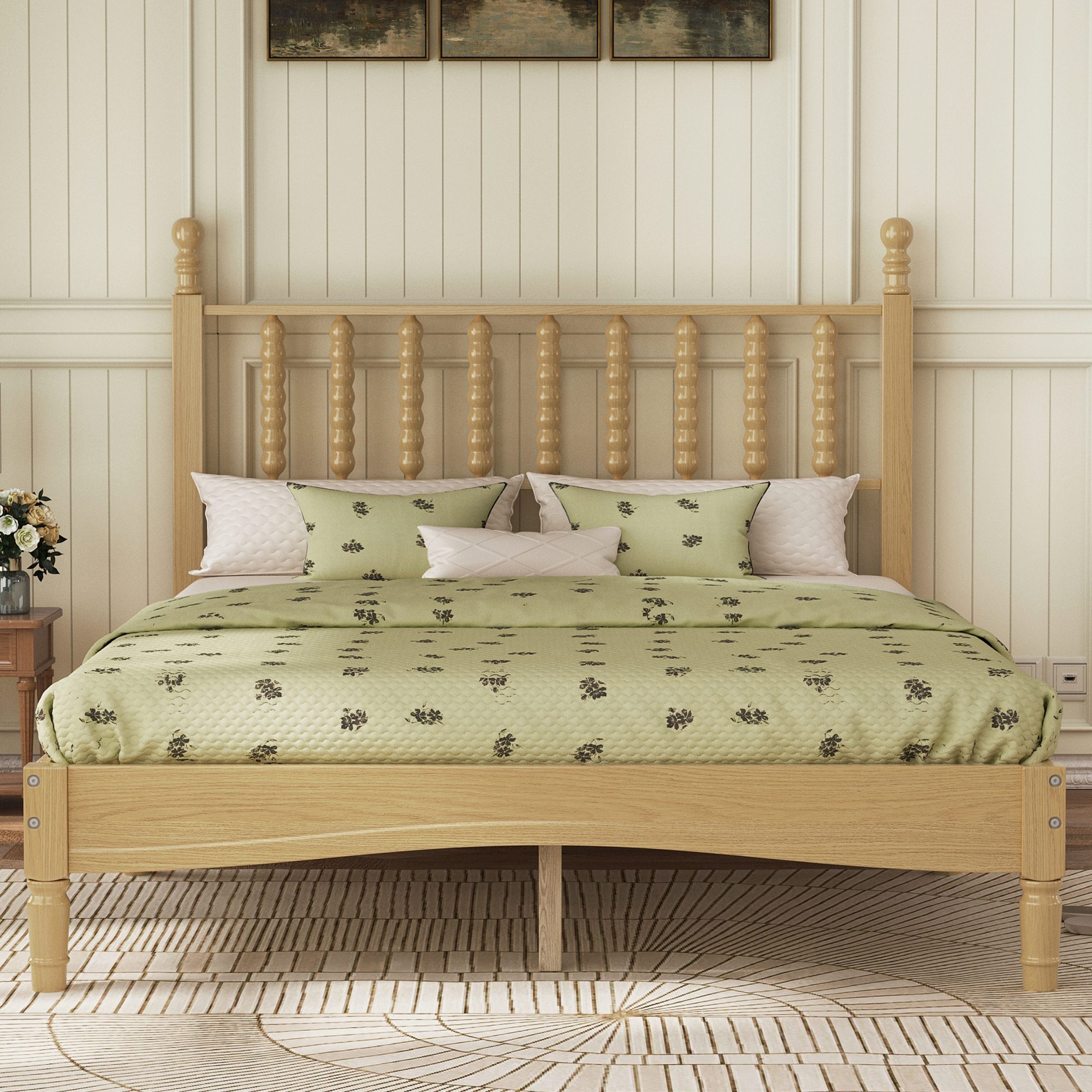 Full Size Wood Platform Bed with Gourd Shaped Headboard,Retro Style Platform Bed with Wooden Slat Support,Natural - Image 1