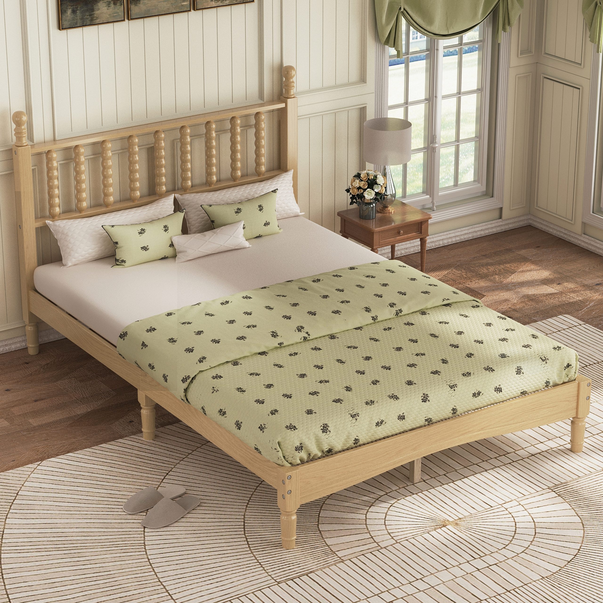 Full Size Wood Platform Bed with Gourd Shaped Headboard,Retro Style Platform Bed with Wooden Slat Support,Natural - Image 2