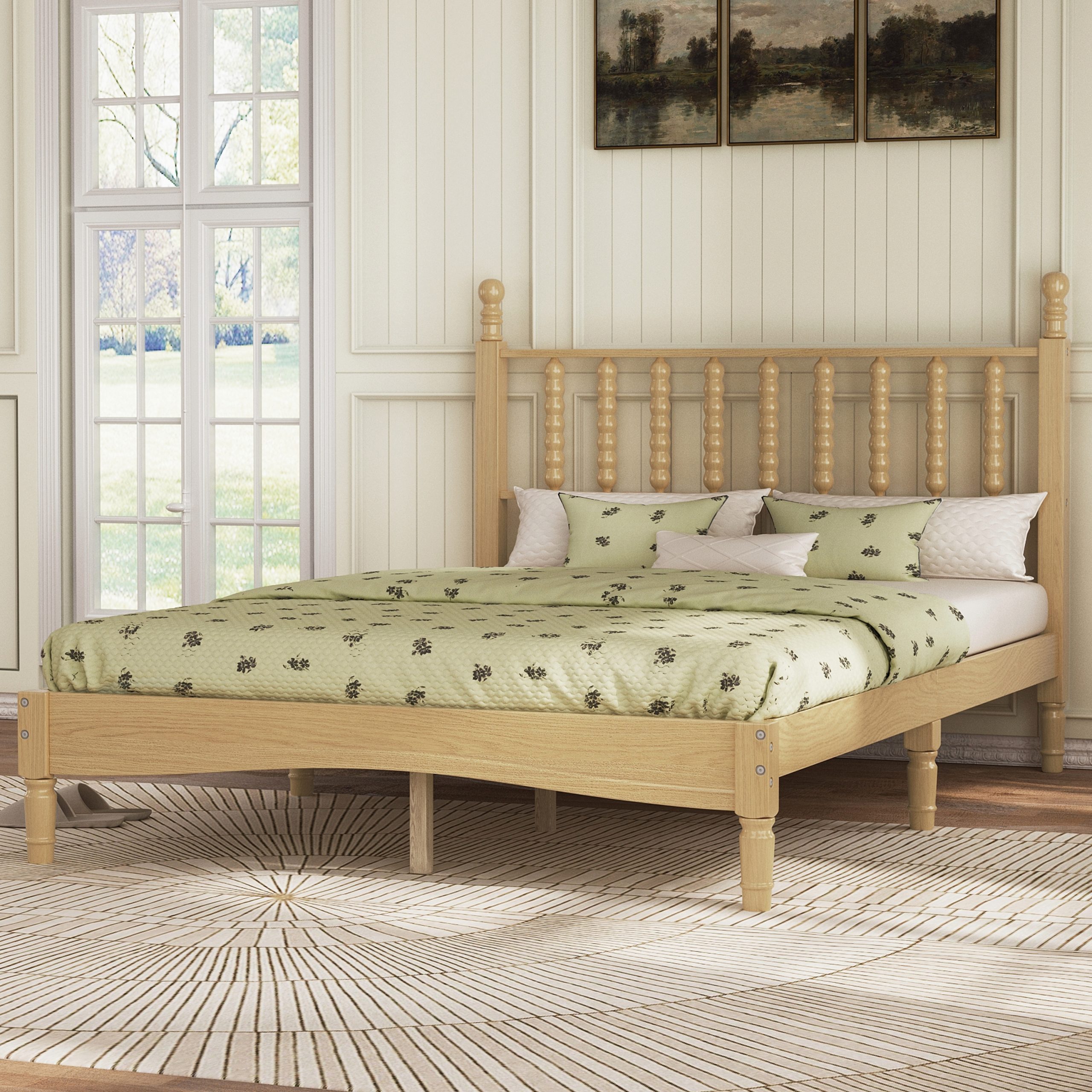 Full Size Wood Platform Bed with Gourd Shaped Headboard,Retro Style Platform Bed with Wooden Slat Support,Natural - Image 3