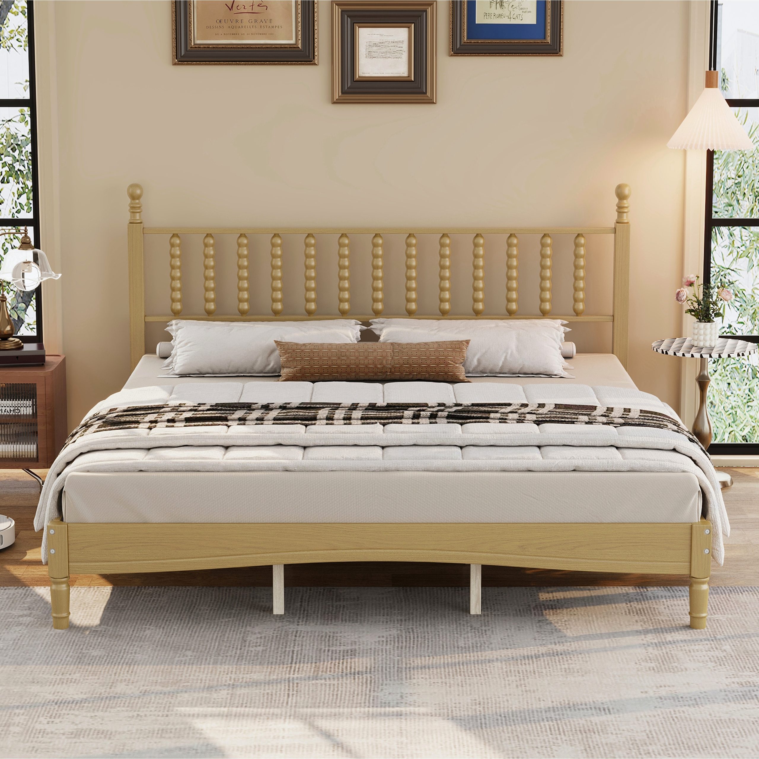King Size Wood Platform Bed with Gourd Shaped Headboard,Retro Style Platform Bed with Wooden Slat Support,Natural