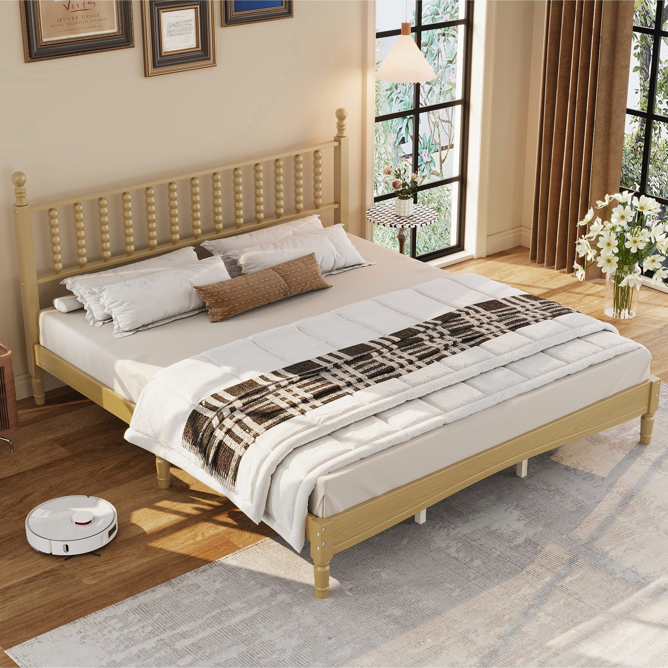King Size Wood Platform Bed with Gourd Shaped Headboard,Retro Style Platform Bed with Wooden Slat Support,Natural - Image 2