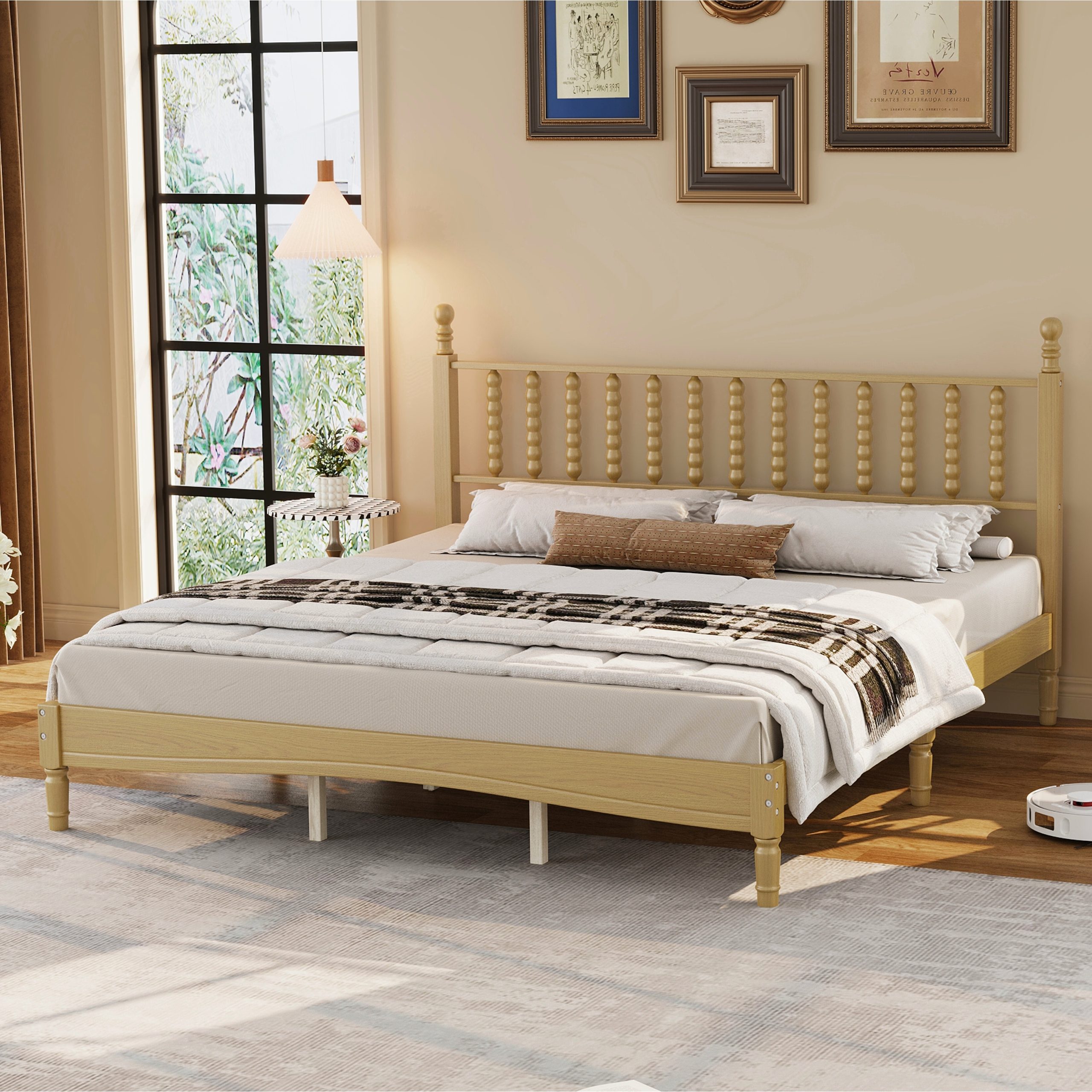 King Size Wood Platform Bed with Gourd Shaped Headboard,Retro Style Platform Bed with Wooden Slat Support,Natural - Image 3