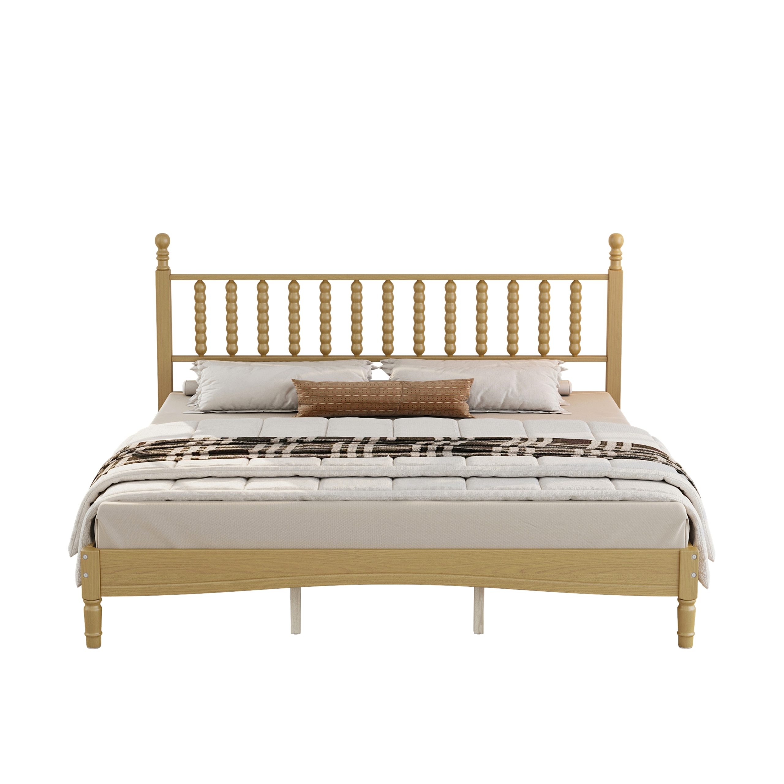 King Size Wood Platform Bed with Gourd Shaped Headboard,Retro Style Platform Bed with Wooden Slat Support,Natural - Image 4