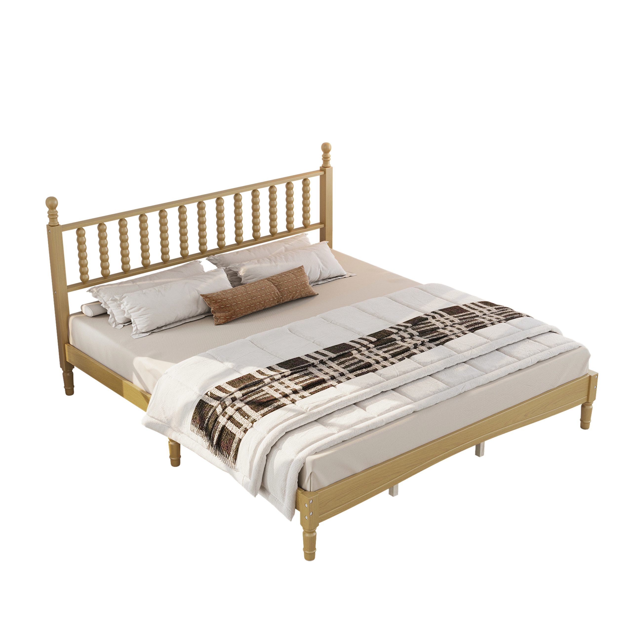 King Size Wood Platform Bed with Gourd Shaped Headboard,Retro Style Platform Bed with Wooden Slat Support,Natural - Image 5