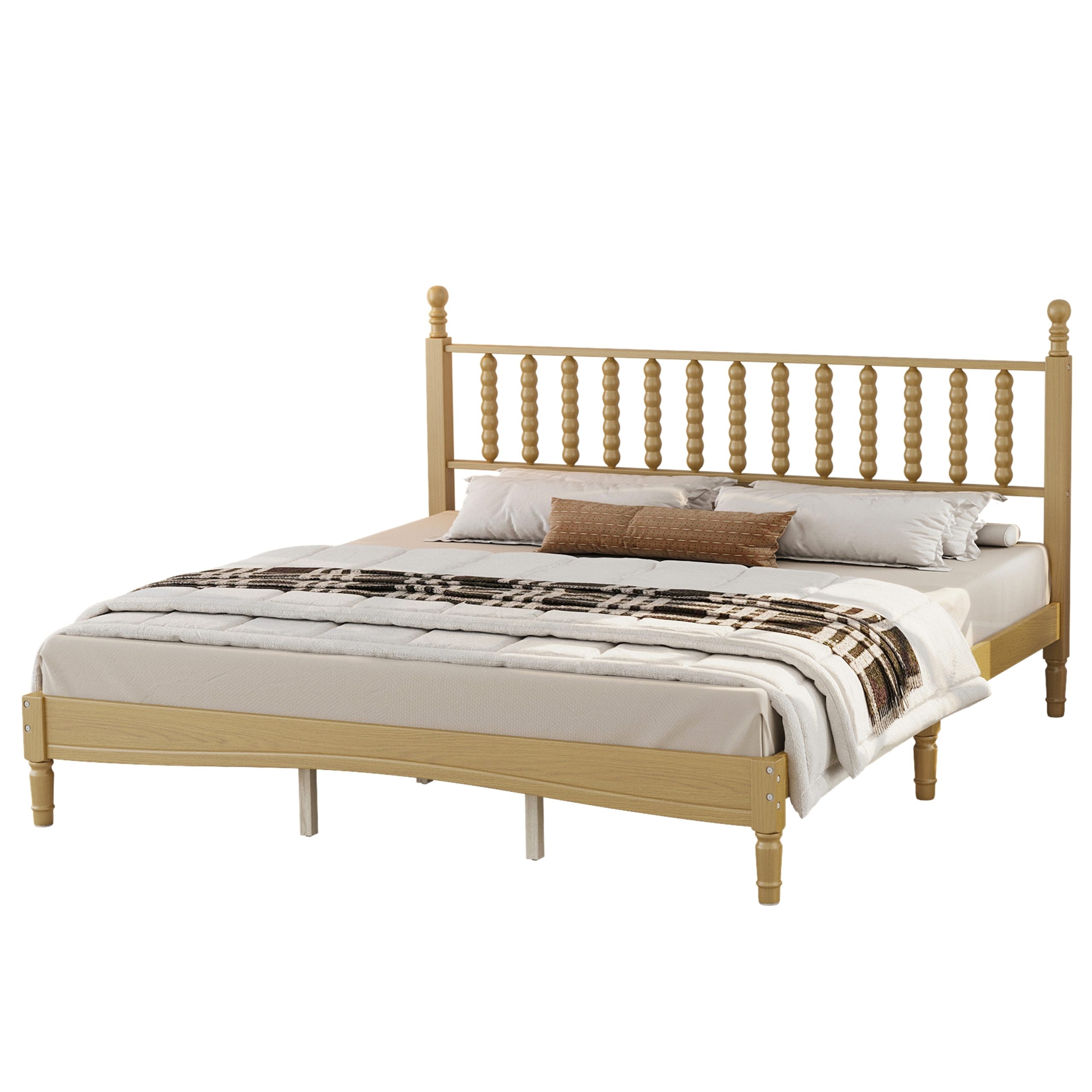 King Size Wood Platform Bed with Gourd Shaped Headboard,Retro Style Platform Bed with Wooden Slat Support,Natural - Image 6