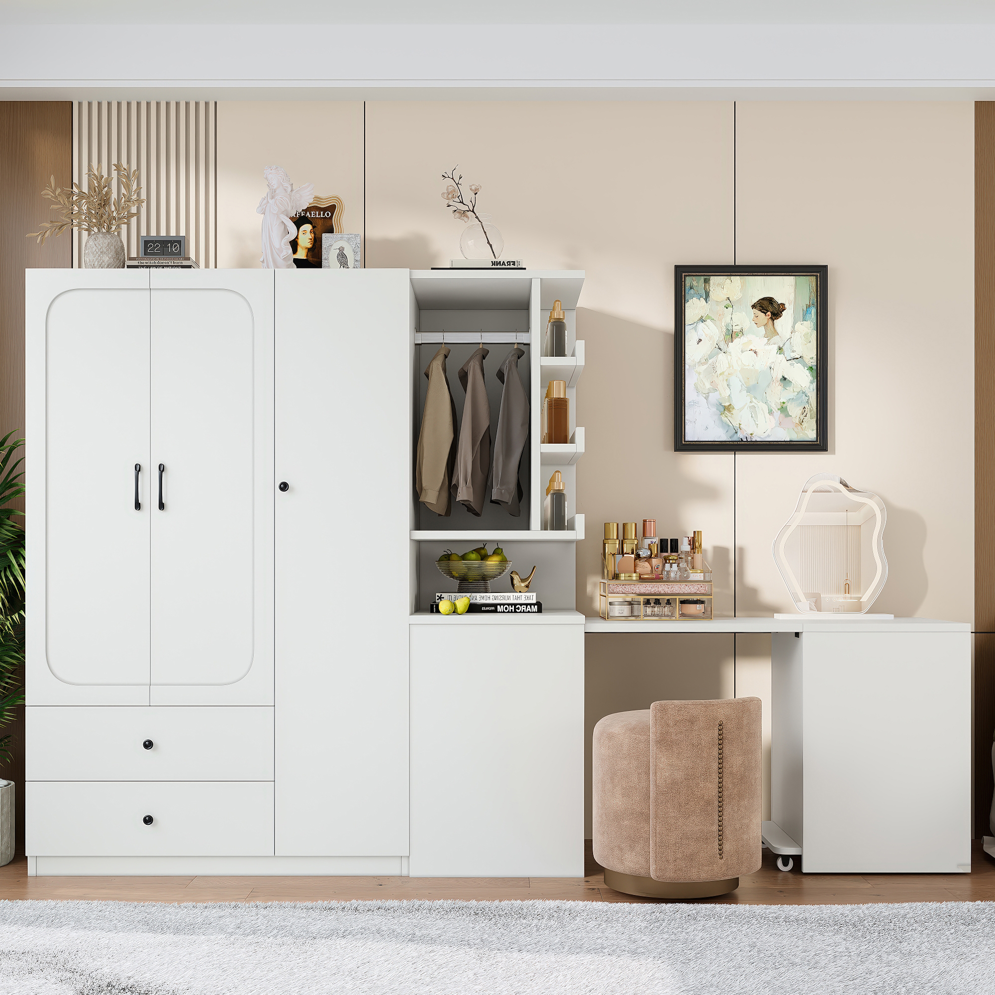 Multifunctional Wardrobe with 2 Doors and Hanging Rod, Wooden clothes closet with Convertible Desk and Storage Drawers, Multi-storage Spaces, for Bedroom, Cloak Room, Laundry, White - Image 2