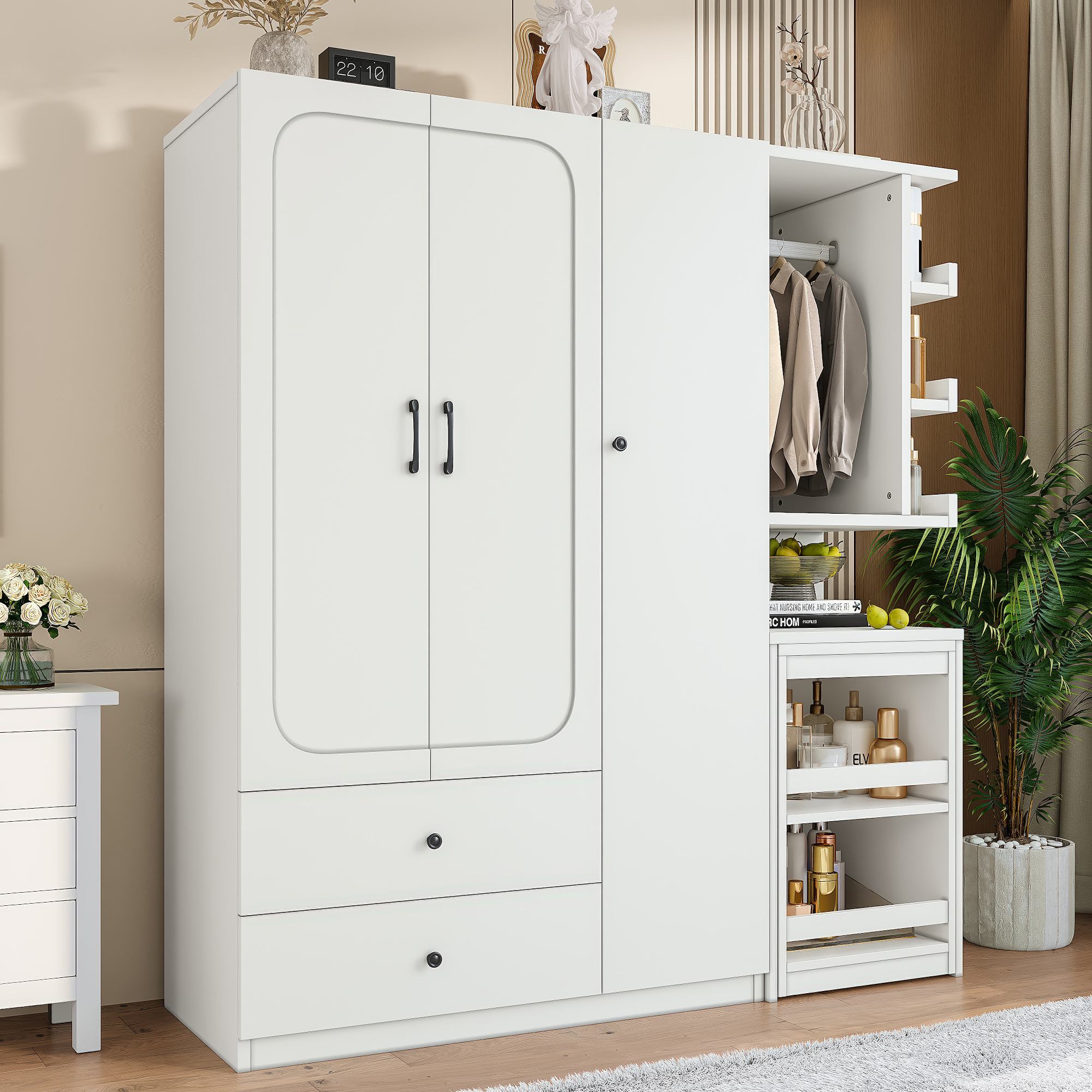 Multifunctional Wardrobe with 2 Doors and Hanging Rod, Wooden clothes closet with Convertible Desk and Storage Drawers, Multi-storage Spaces, for Bedroom, Cloak Room, Laundry, White - Image 3