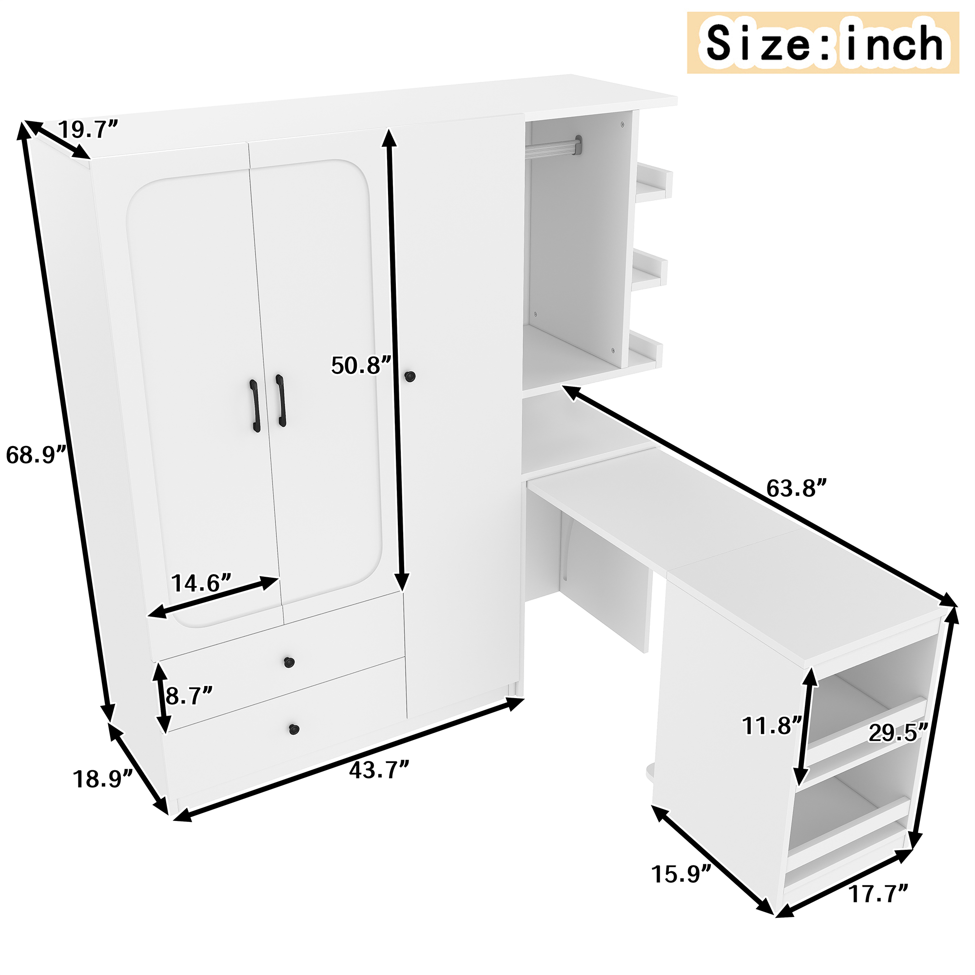 Multifunctional Wardrobe with 2 Doors and Hanging Rod, Wooden clothes closet with Convertible Desk and Storage Drawers, Multi-storage Spaces, for Bedroom, Cloak Room, Laundry, White - Image 4