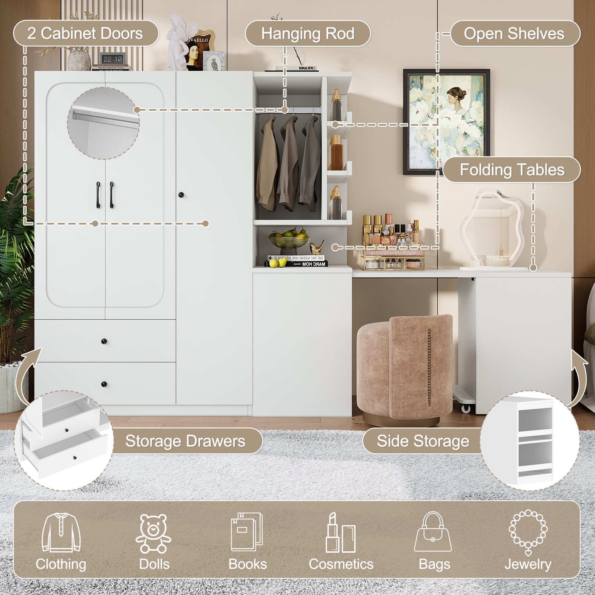 Multifunctional Wardrobe with 2 Doors and Hanging Rod, Wooden clothes closet with Convertible Desk and Storage Drawers, Multi-storage Spaces, for Bedroom, Cloak Room, Laundry, White - Image 5