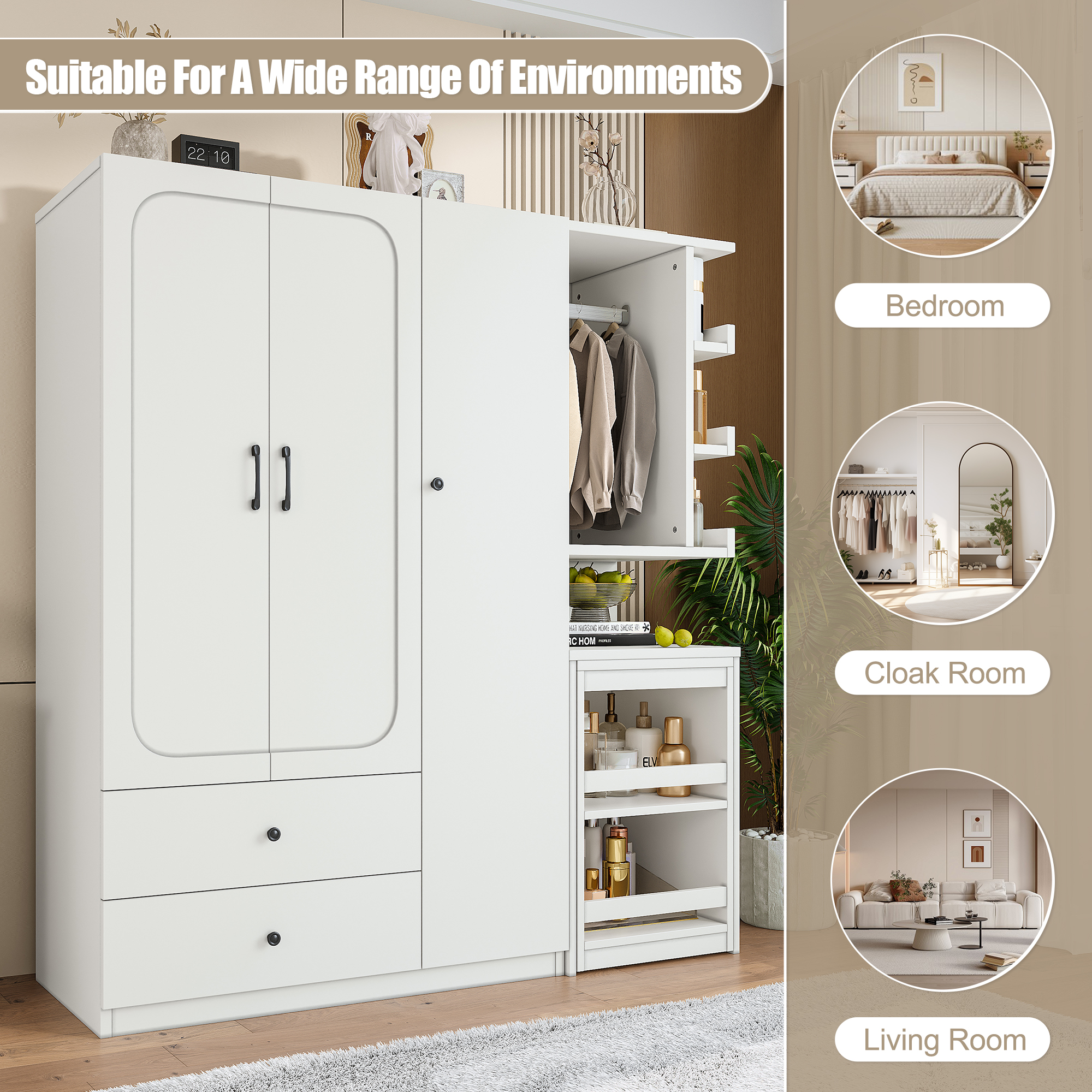 Multifunctional Wardrobe with 2 Doors and Hanging Rod, Wooden clothes closet with Convertible Desk and Storage Drawers, Multi-storage Spaces, for Bedroom, Cloak Room, Laundry, White - Image 6