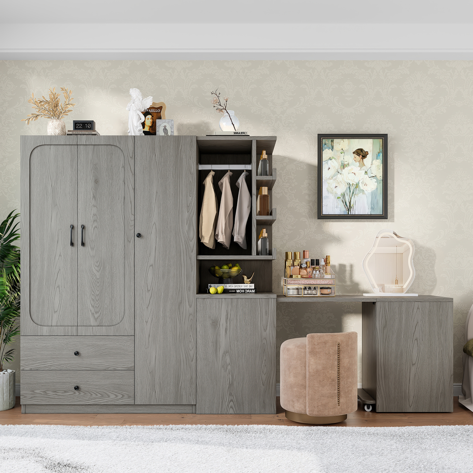 Multifunctional Wardrobe with 2 Doors and Hanging Rod, Wooden clothes closet with Convertible Desk and Storage Drawers, Multi-storage Spaces, for Bedroom, Cloak Room, Laundry, Gray - Image 2