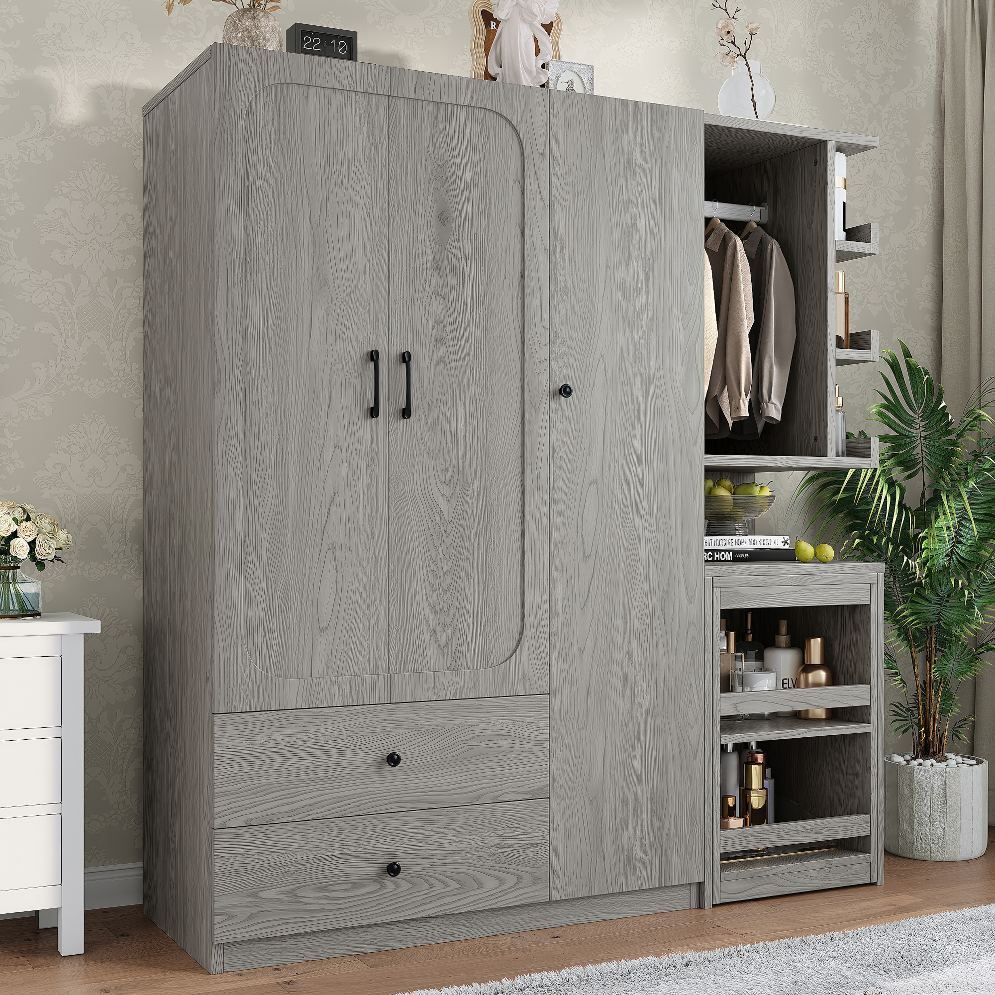 Multifunctional Wardrobe with 2 Doors and Hanging Rod, Wooden clothes closet with Convertible Desk and Storage Drawers, Multi-storage Spaces, for Bedroom, Cloak Room, Laundry, Gray - Image 3