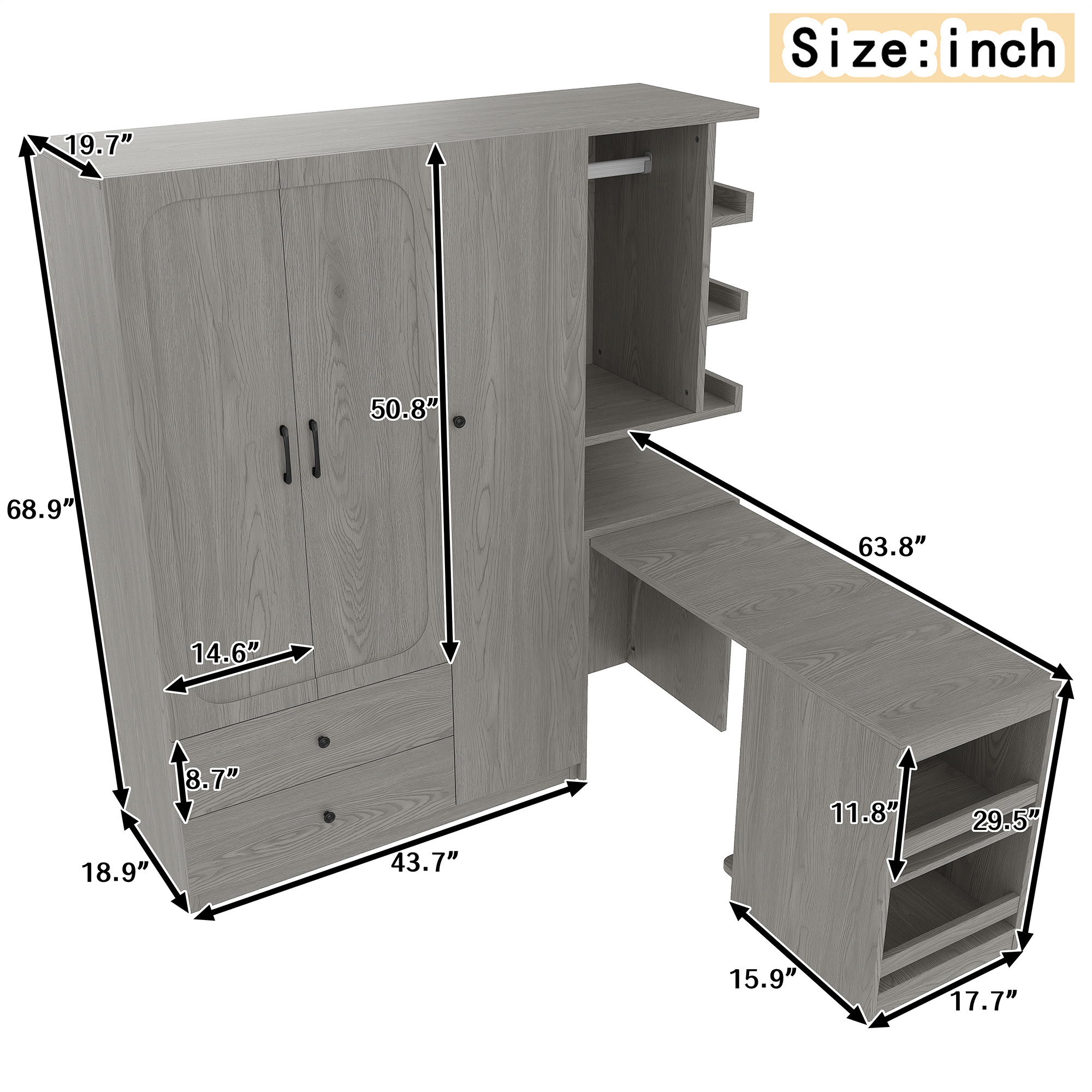 Multifunctional Wardrobe with 2 Doors and Hanging Rod, Wooden clothes closet with Convertible Desk and Storage Drawers, Multi-storage Spaces, for Bedroom, Cloak Room, Laundry, Gray - Image 4