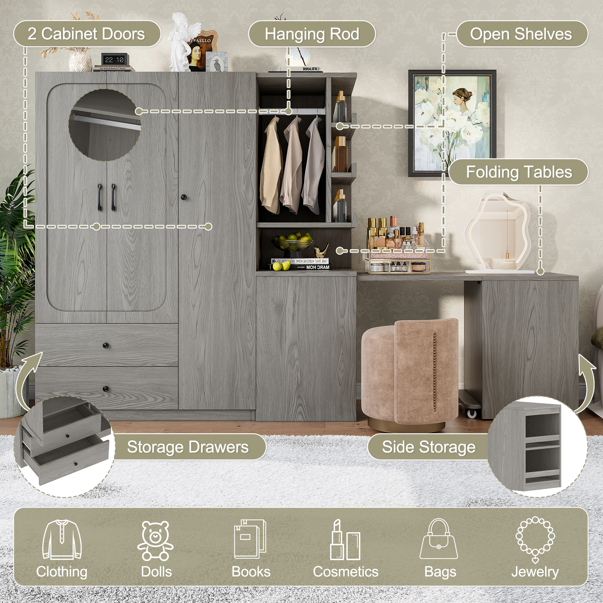 Multifunctional Wardrobe with 2 Doors and Hanging Rod, Wooden clothes closet with Convertible Desk and Storage Drawers, Multi-storage Spaces, for Bedroom, Cloak Room, Laundry, Gray - Image 5