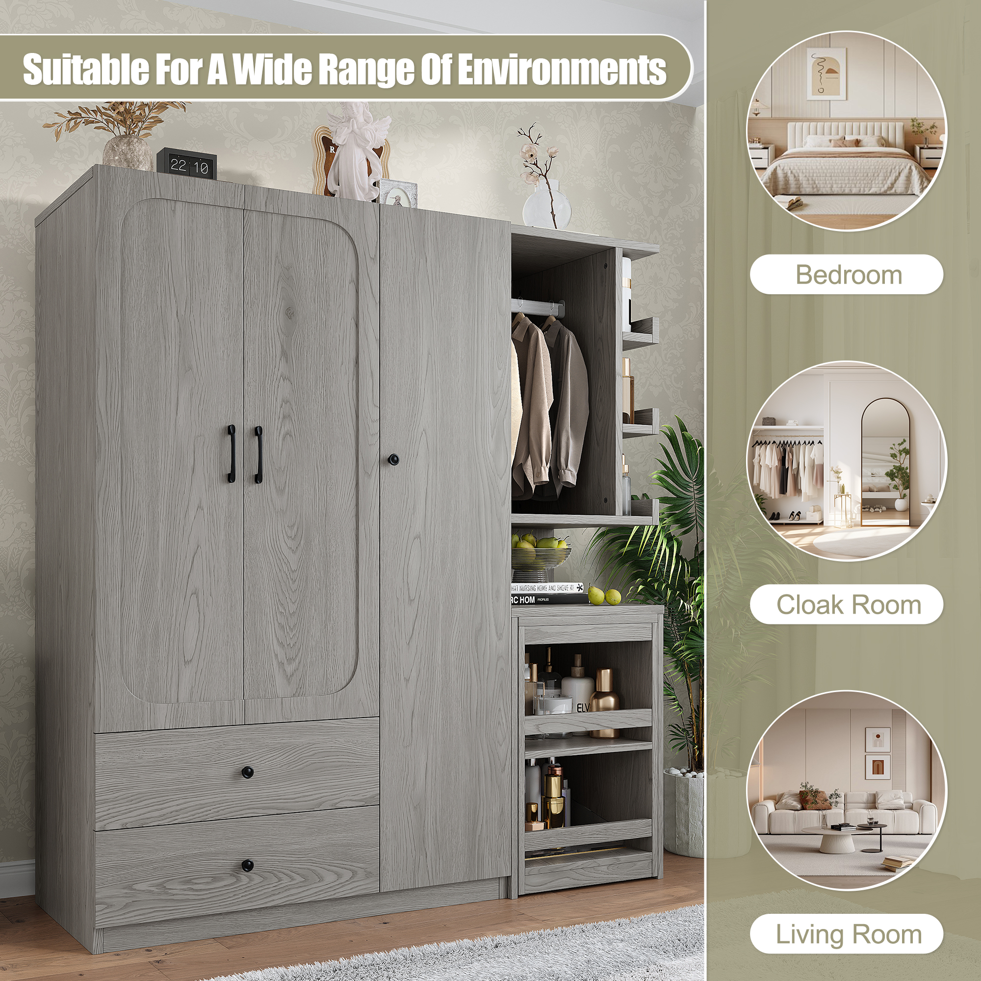 Multifunctional Wardrobe with 2 Doors and Hanging Rod, Wooden clothes closet with Convertible Desk and Storage Drawers, Multi-storage Spaces, for Bedroom, Cloak Room, Laundry, Gray - Image 6