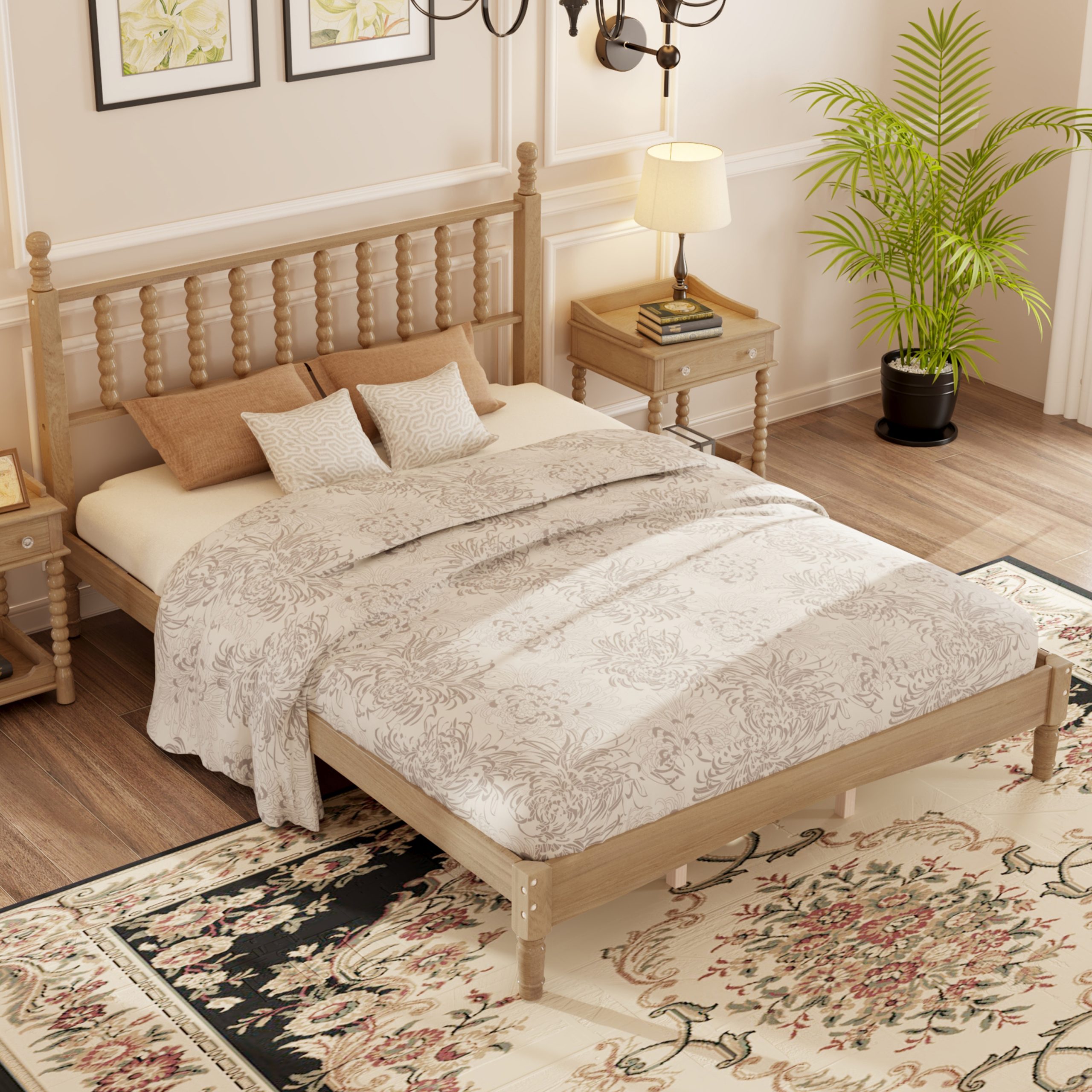 Queen Size Wood Platform Bed with Gourd Shaped Headboard,Retro Style Platform Bed with Wooden Slat Support,Natural - Image 1