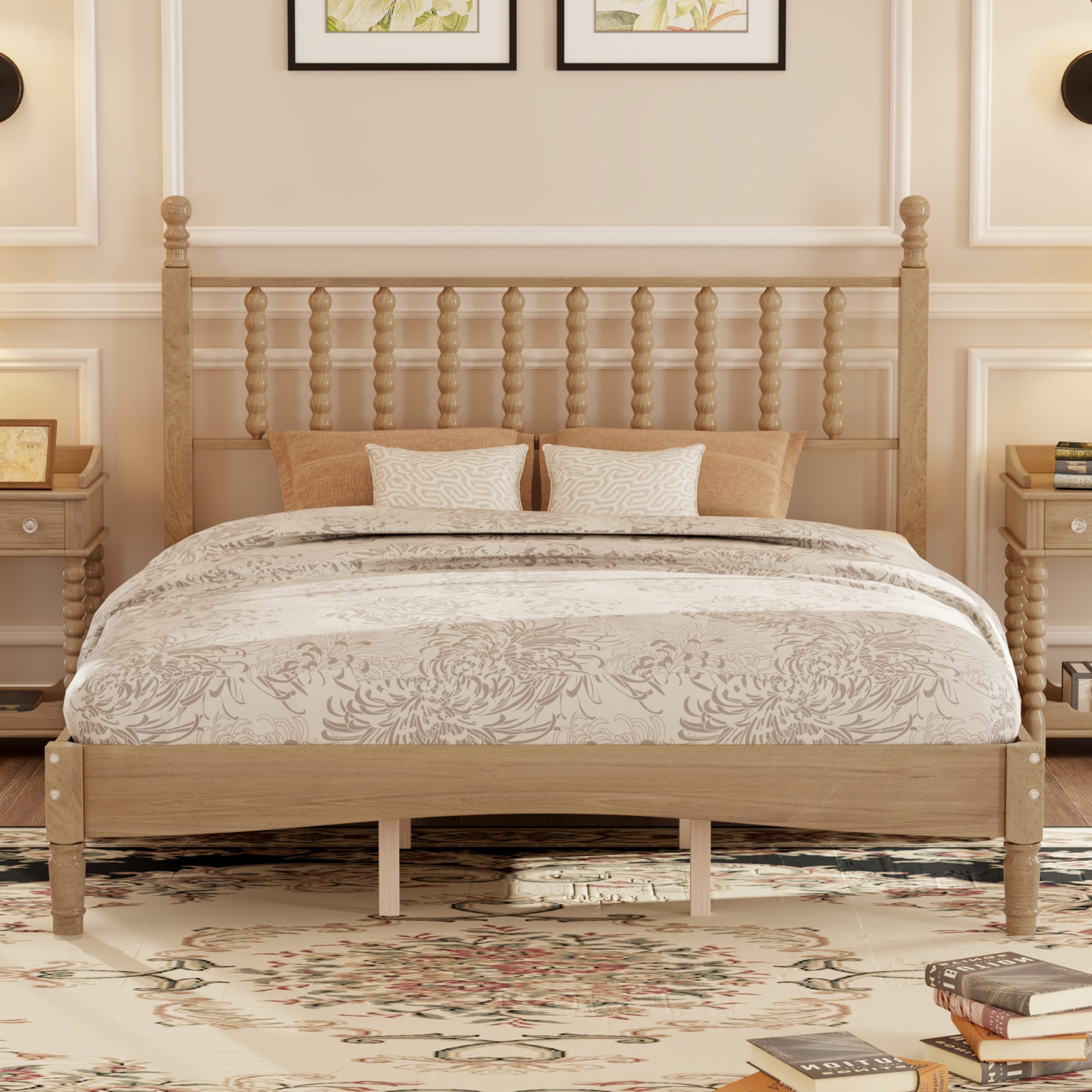 Queen Size Wood Platform Bed with Gourd Shaped Headboard,Retro Style Platform Bed with Wooden Slat Support,Natural - Image 2