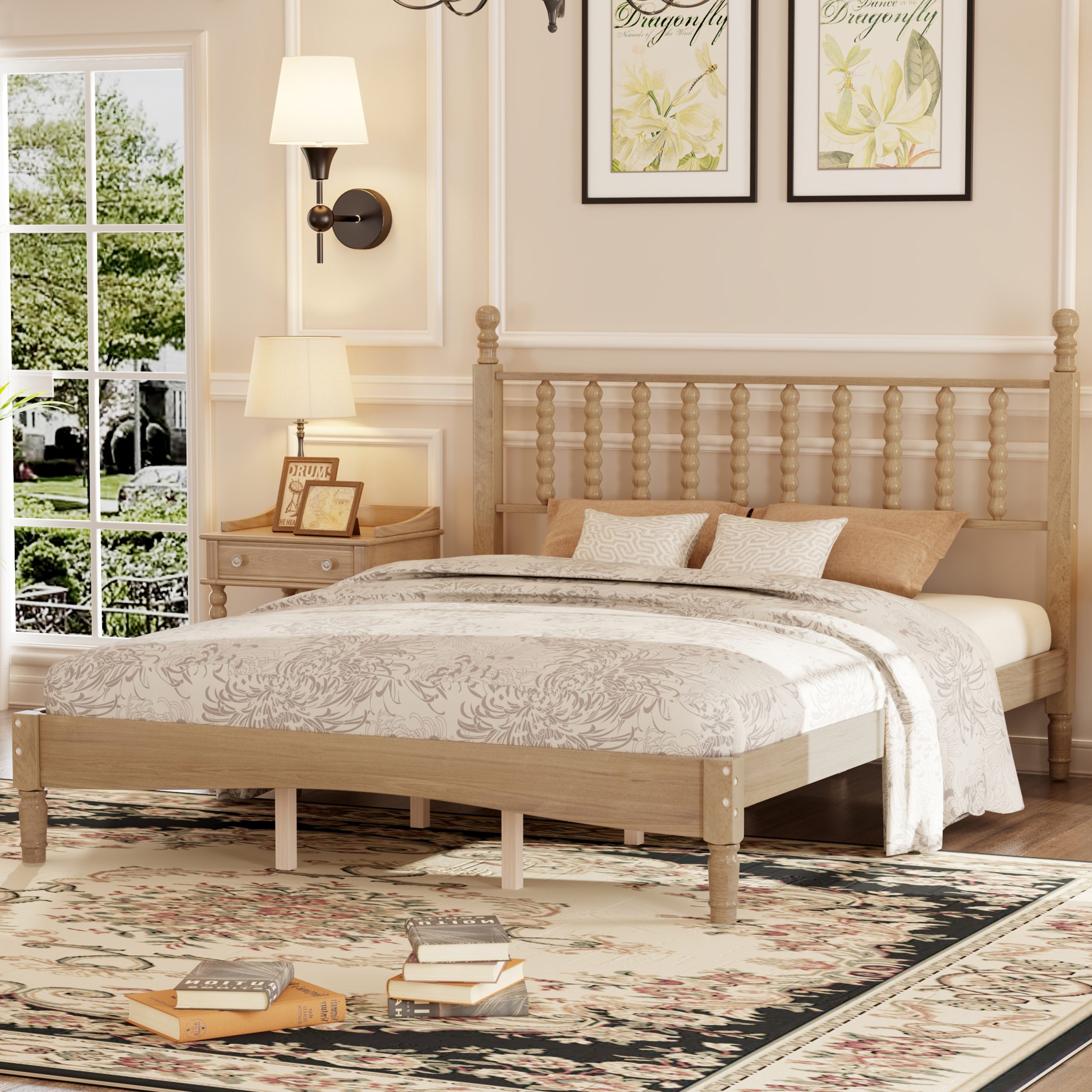 Queen Size Wood Platform Bed with Gourd Shaped Headboard,Retro Style Platform Bed with Wooden Slat Support,Natural - Image 3