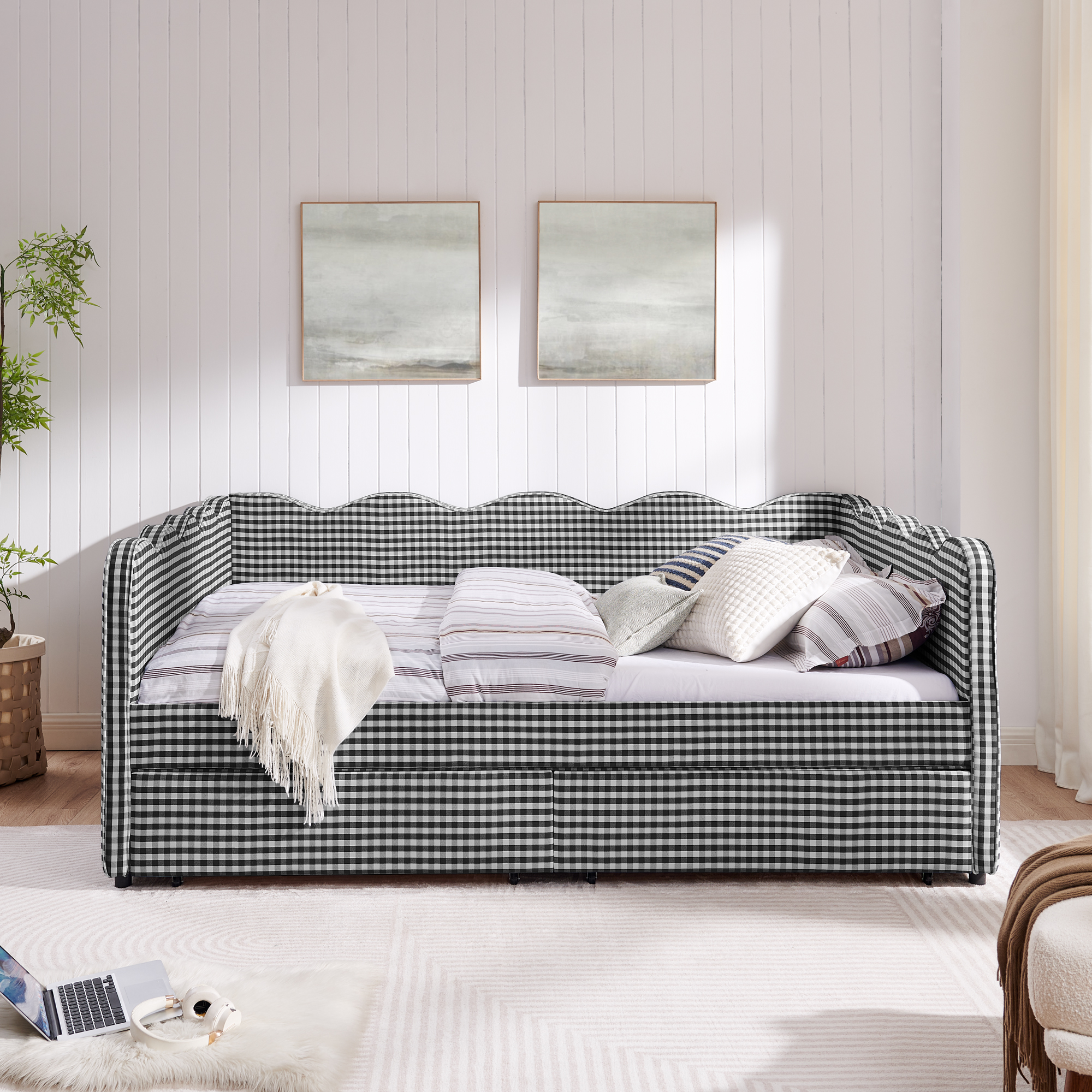 Queen Size Cozy Gingham Daybed with Two Storage Drawers, with USB Port and Adorable Wave Shaped, Linen Fabric - Image 2