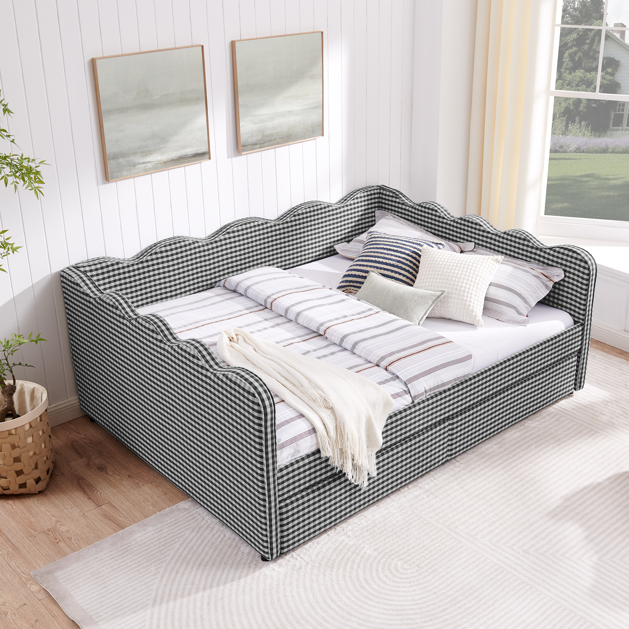 Queen Size Cozy Gingham Daybed with Two Storage Drawers, with USB Port and Adorable Wave Shaped, Linen Fabric - Image 3