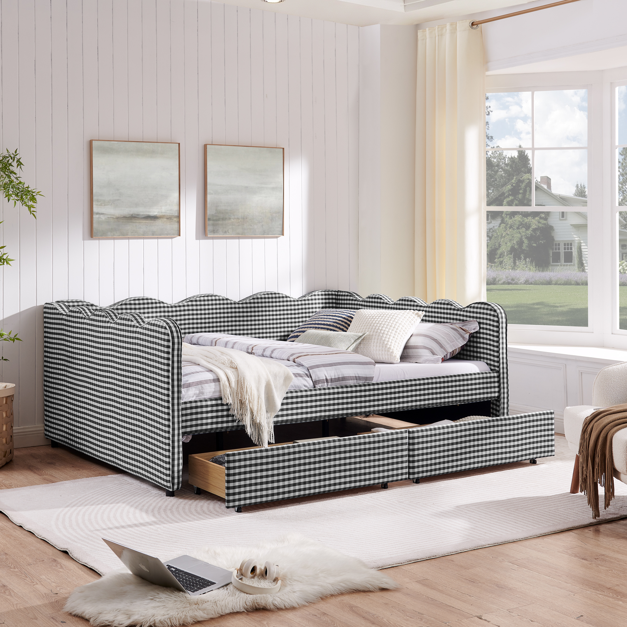 Queen Size Cozy Gingham Daybed with Two Storage Drawers, with USB Port and Adorable Wave Shaped, Linen Fabric - Image 4