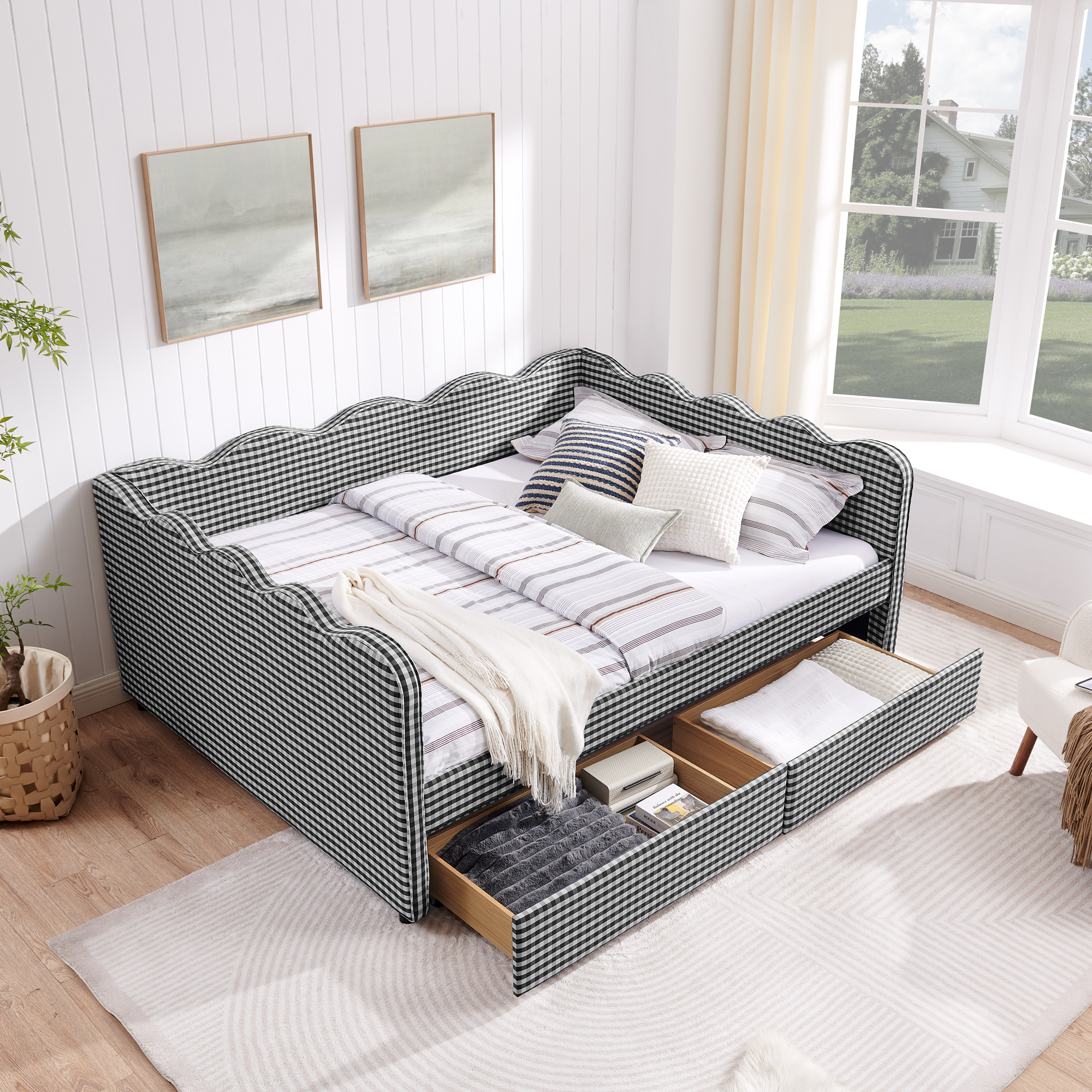 Queen Size Cozy Gingham Daybed with Two Storage Drawers, with USB Port and Adorable Wave Shaped, Linen Fabric - Image 5