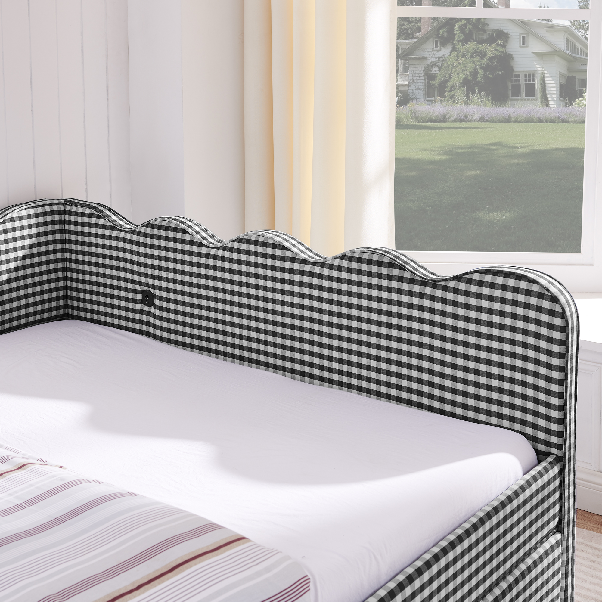 Queen Size Cozy Gingham Daybed with Two Storage Drawers, with USB Port and Adorable Wave Shaped, Linen Fabric - Image 6