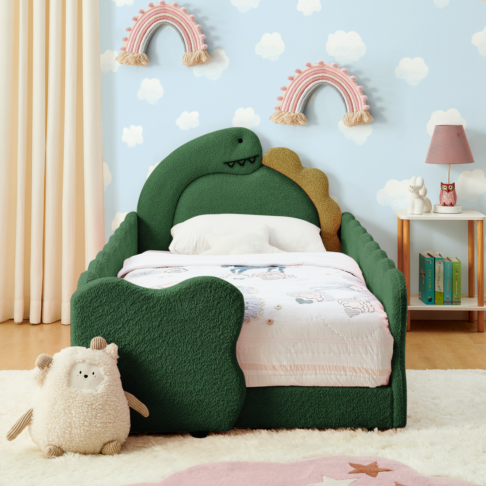 Twin Size Cute Dinosaur-Shaped Kids Bed with Safety Guardraild, Solid Wood Toddler Bed Frame for Children for Bedroom, Boucle Fabric