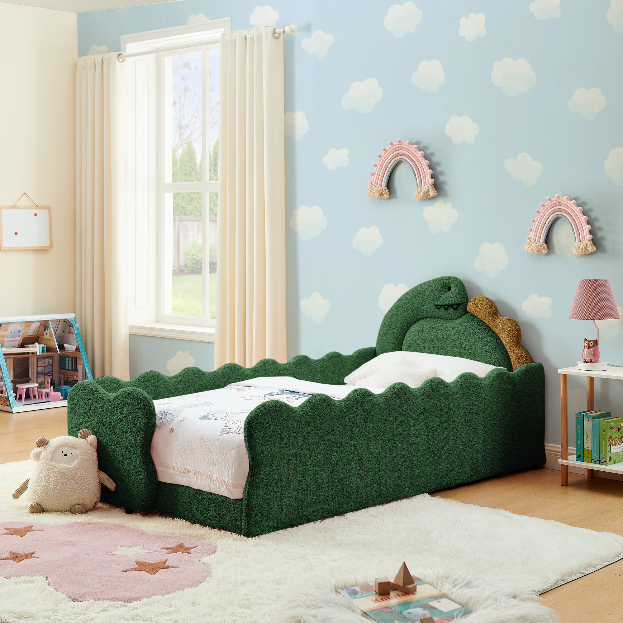 Twin Size Cute Dinosaur-Shaped Kids Bed with Safety Guardraild, Solid Wood Toddler Bed Frame for Children for Bedroom, Boucle Fabric - Image 2