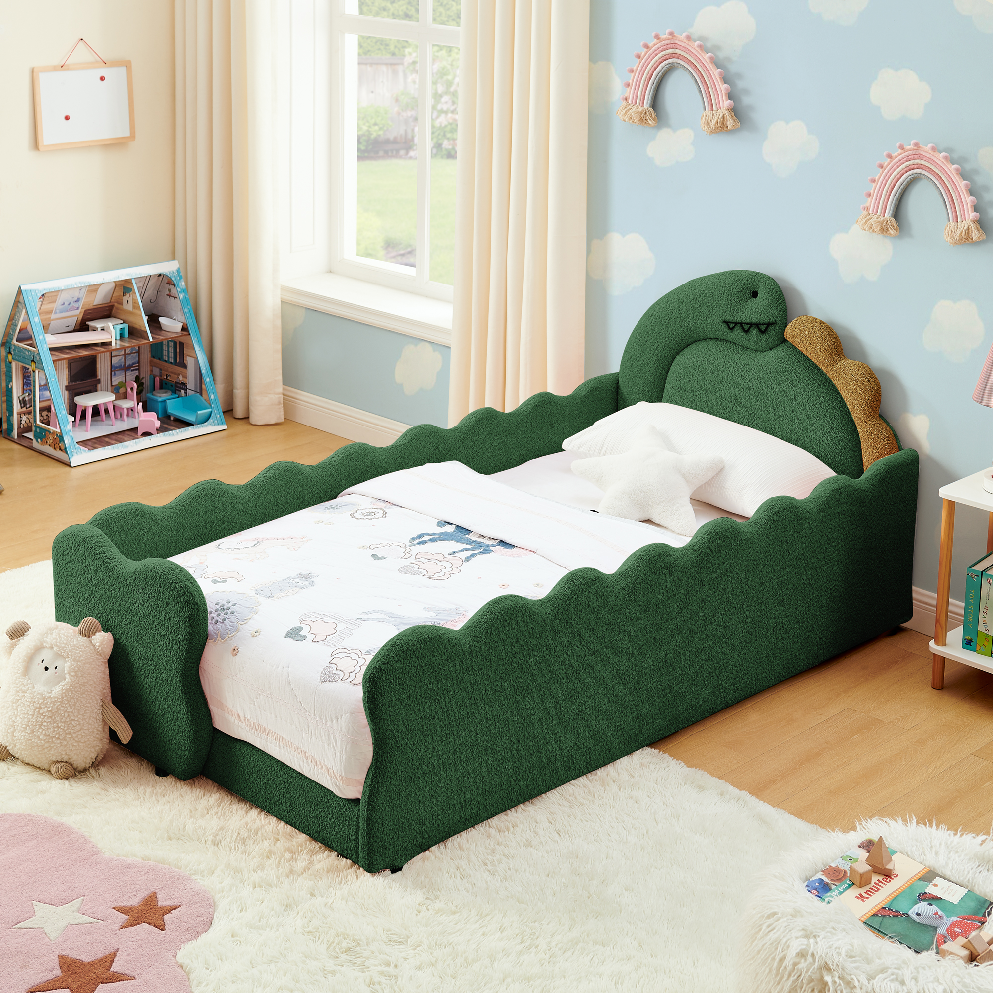Twin Size Cute Dinosaur-Shaped Kids Bed with Safety Guardraild, Solid Wood Toddler Bed Frame for Children for Bedroom, Boucle Fabric - Image 3